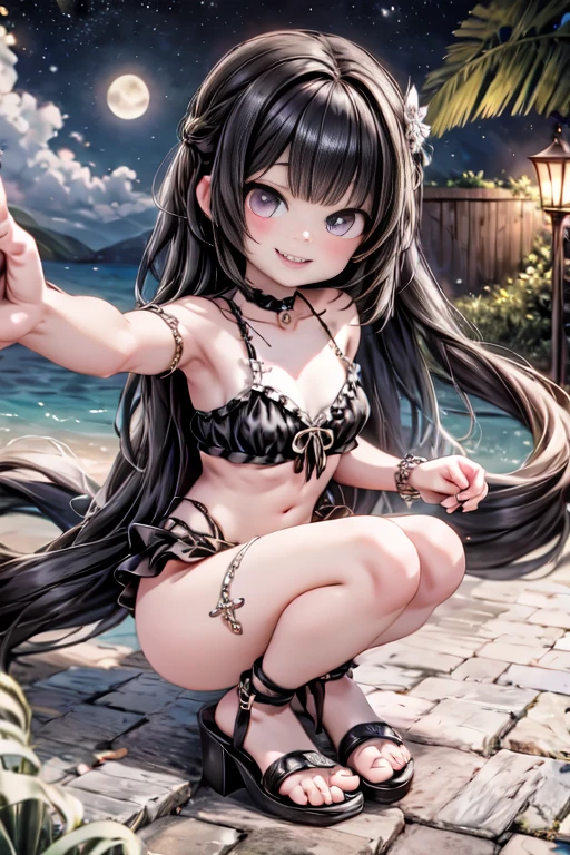 Selfie at Beach Party, a (vampiress) in gothic , smiling, ((elongated fangs)), sandals, beach at night, party at night, beach party, starry sky, bright moon