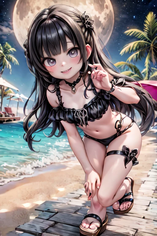 Selfie at Beach Party, a (vampiress) in gothic bikini, smiling, ((elongated fangs)), sandals, beach at night, party at night, beach party, starry sky, bright moon