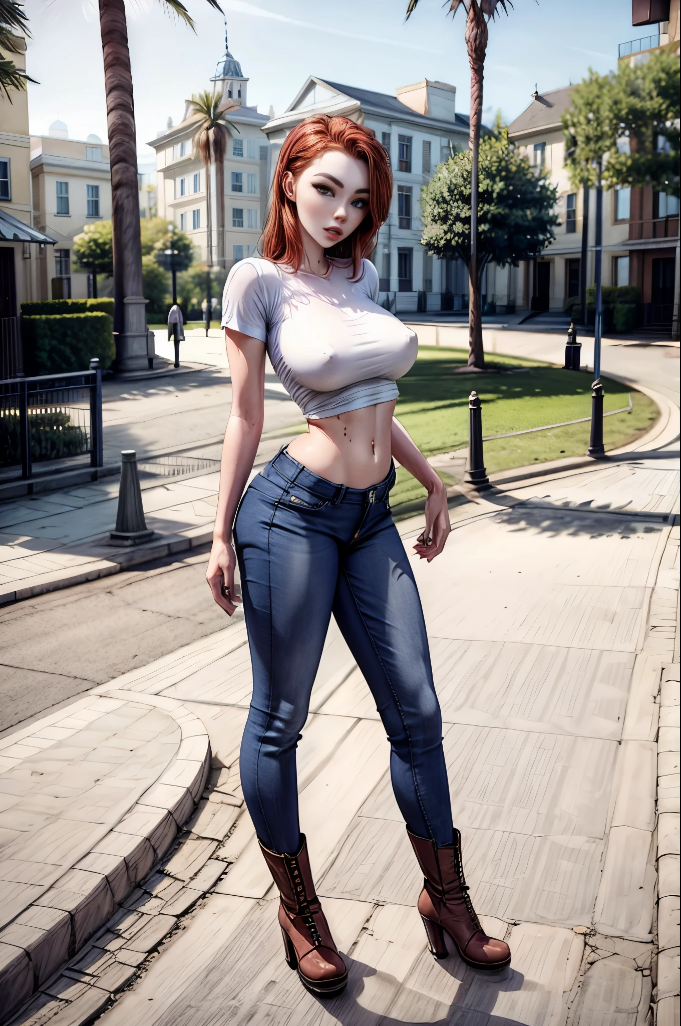 arafed woman in jeans and boots standing, at the park, casual pose, tight outfit, lacey, jeans and t shirt, jeans and boots, sabrina lynn, red hair, covered nipples, midriff, seductive
