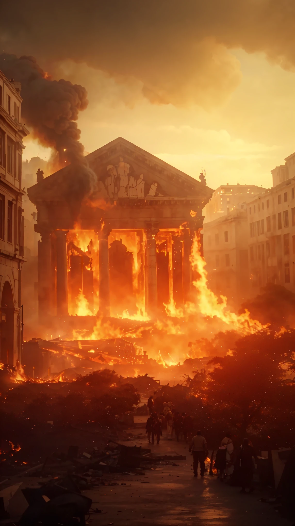 Generate an image of a menacing fire engulfing ancient Rome. (4k), (melhor qualidade), (melhores detalhes), (ultra realistic), 8k
