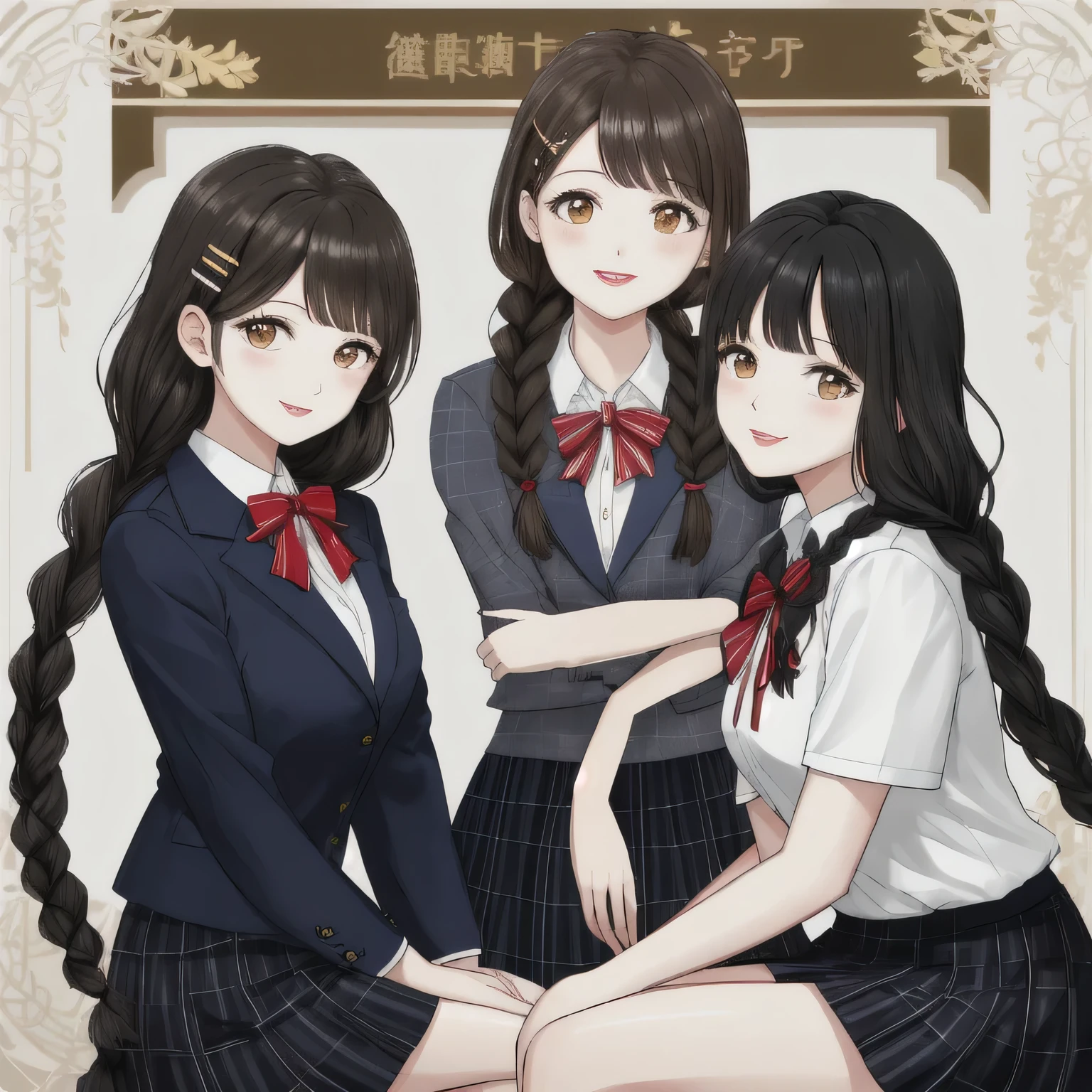 highest quality, (masterpiece:1.2), very detailed, three girls are singing a song, Open your mouth with lipstick on it, nice smile, brown eyes, (((black hair))), 15 years old, long braids, big shiny hair clip, school uniform, Dark blue and navy plaid skirt, middle long skirt, white shirt, A luxurious navy blazer with a golden emblem on the left chest, big red ribbon on the chest, lipstick、very shiny hair、laughter、bright look、The light makes my face and hair shine, The corners of the eyes are drooping, cute braids, I'm so happy I can jump up, The expression of a maiden in love, (((twin braid hair))), The skirt fabric has a beautiful deep blue checkered pattern., A shy expression staring at the viewer, double eyelid, long eyelashes