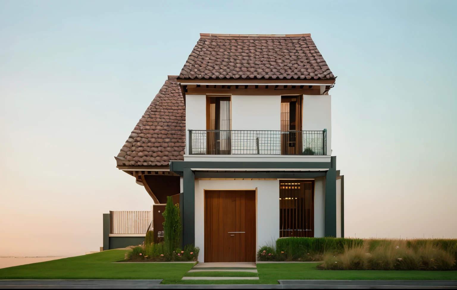 hyper realistic, photography expert ,exterior design , professional photography, exterior photography, wide-angle shot , ultra detail , high Resolution , full frame, full body, hometown, green, red tiles, surrounding greenery, wall white, wooden door