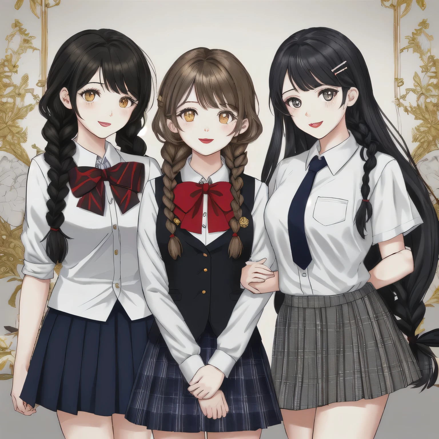 highest quality, (masterpiece:1.2), very detailed, three girls are singing a song, Open your mouth with lipstick on it, nice smile, brown eyes, (((black hair))), , long braids, big shiny hair clip, school uniform, Dark blue and navy plaid skirt, middle long skirt, white shirt, A luxurious navy blazer with a golden emblem on the left chest, big red ribbon on the chest, lipstick、very shiny hair、laughter、bright look、The light makes my face and hair shine, The corners of the eyes are drooping, cute braids, I'm so happy I can jump up, The expression of a maiden in love, (((twin braid hair))), The skirt fabric has a beautiful deep blue checkered pattern., A shy expression staring at the viewer, double eyelid, long eyelashes