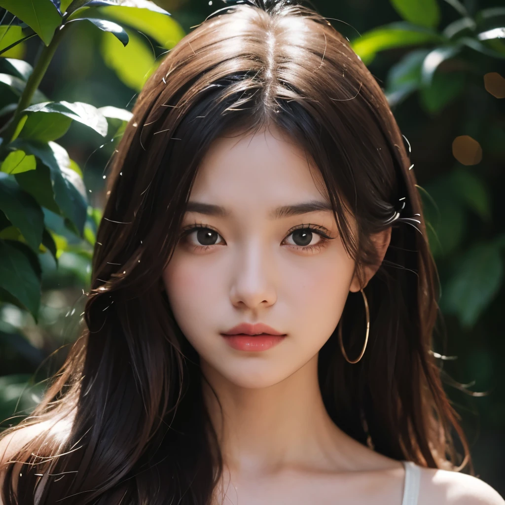 Girl, long soft brown hair, gray eyes, sharp features, white skin