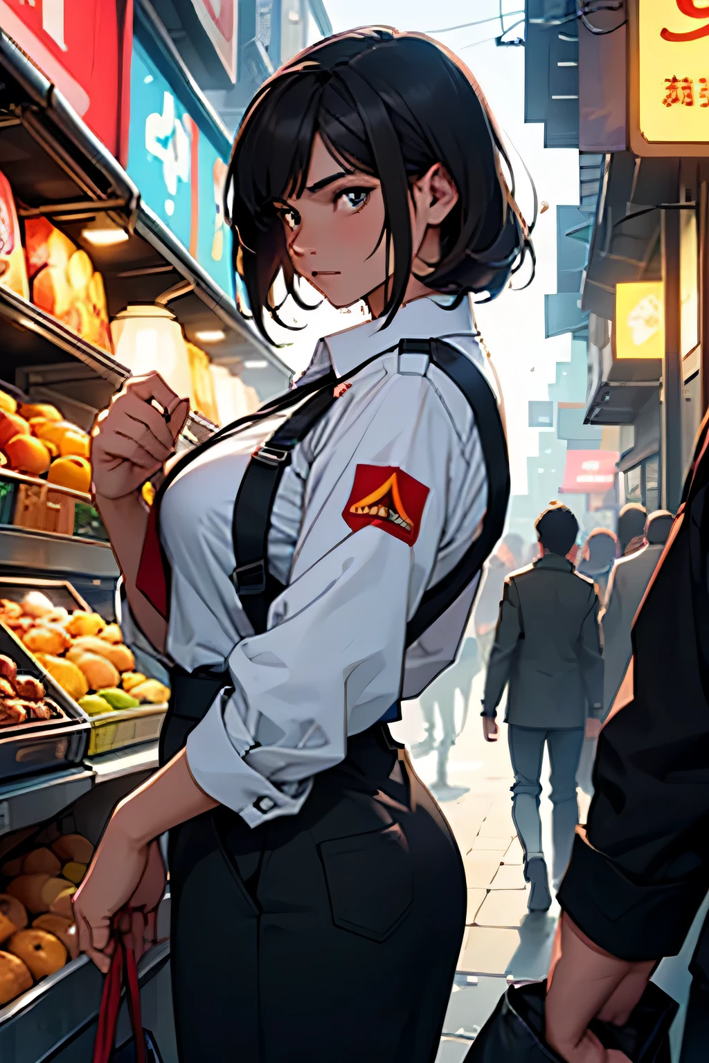 A young woman with short, dark hair and determined eyes stands amidst the chaos of a crowded undercity market. She is surrounded by colorful stalls and bustling crowds, but her attention is drawn to a dark figure in a corporate uniform forcefully extracting emotions from a struggling citizen. The young woman's hand reaches out towards the scene, her fingers glowing with a faint light as she begins to absorb the emotions of those around her.

