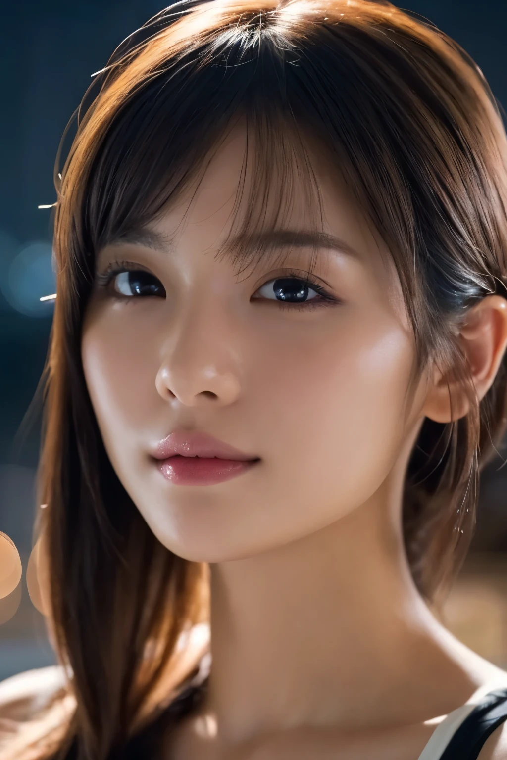 ((close-up photo of face:1.4))、1 girl, (wear platinum tank top:1.2), (RAW photo, highest quality), (realistic, Photoreal:1.4), table top, very delicate and beautiful, very detailed, 2k wallpaper, wonderful, finely, very detailed CG Unity 8K 壁紙, super detailed, High resolution, soft light, beautiful detailed girl, very detailed目と顔, beautifully detailed nose, detailed and beautiful eyes, cinematic lighting, night city lights, perfect anatomy, slender body, taut, 
straight semi-long hair, bangs, looking at the viewer, slight smile