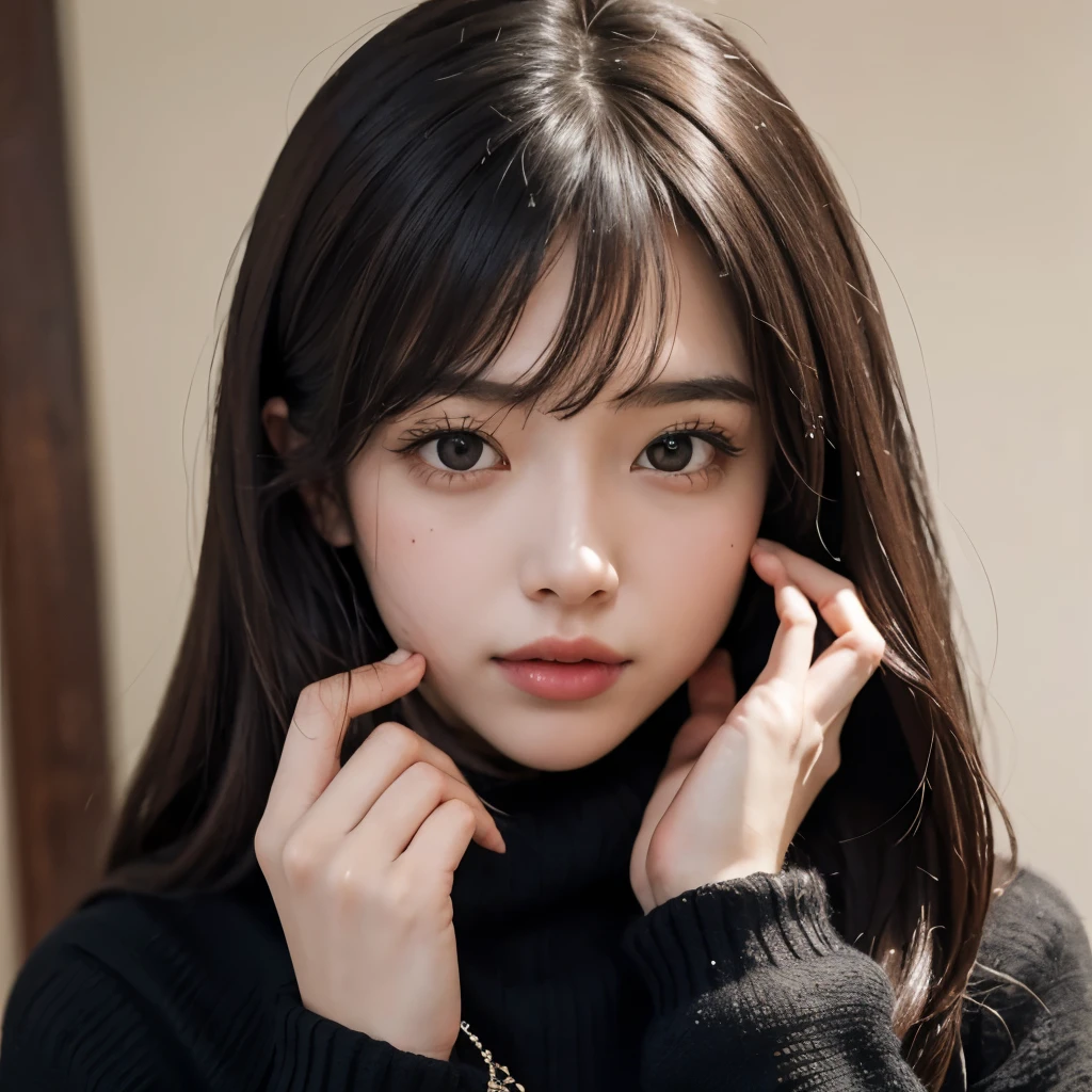 Girl, long soft brown hair, gray eyes, sharp features, white skin