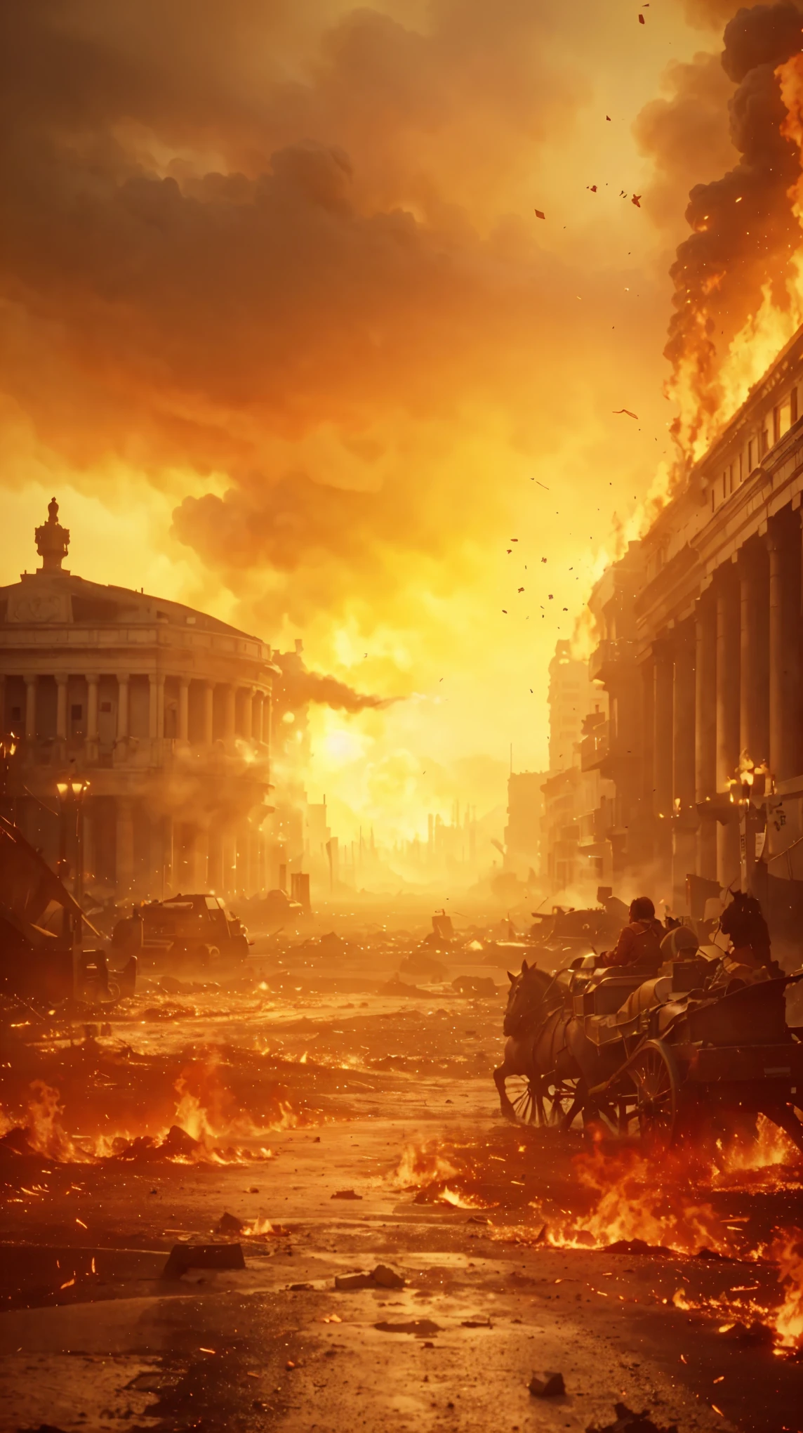 arafed image of a fire burning in a city with a horse drawn carriage, an ancient city on fire, stunning vfx, destroyed city on fire, epic vfx shot, burning city in background, apocalyptic 8k, apocalyptic 8 k, apocalyptic scene, burning scene in the background, apocalyptic background, burning city background, ( apocalyptic ) 8 k, apocalyptic city backround