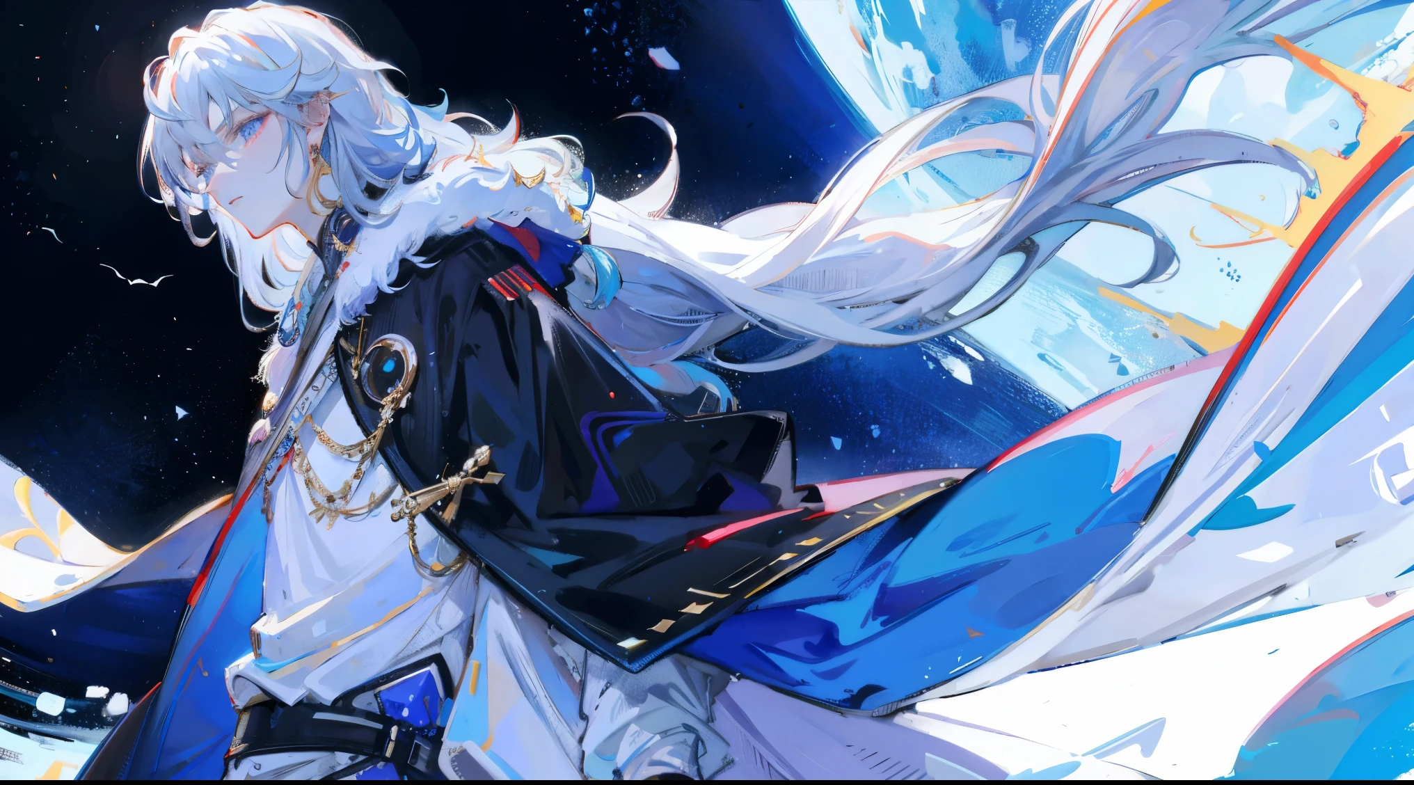 (wide wide shot, Faraway view), (1 boy, 1 )，Husband and wife，((Upper part of the body)), sharp looking blue eyes，Sharp pupils，White pointed hair，He  wearing a black noble robe，Hugging and kissing his lovely wife intimately（（41 year old face））