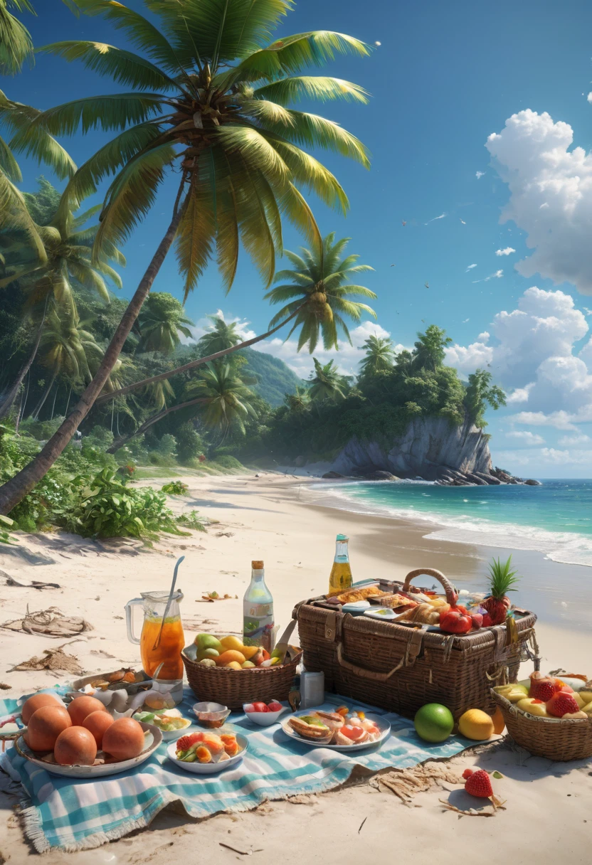 picnic on beach, wide variety of food, happy family, vitality and fun, coconut trees, anime realism, (best quality, masterpiece, Representative work, official art, Professional, 8k, Ultra intricate detailed:1.3)