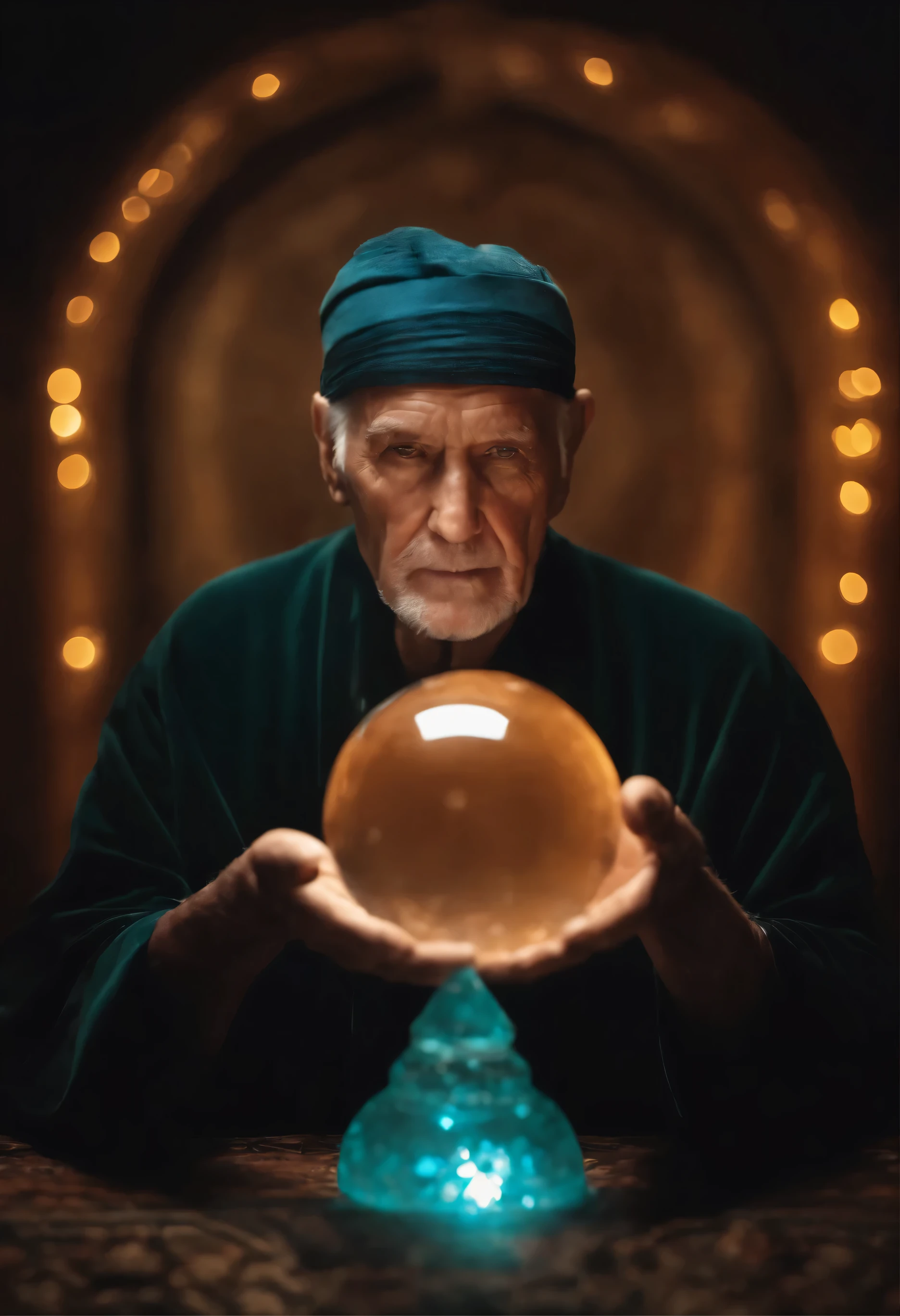 Elderly male psychic holding a crystal ball looking forward
