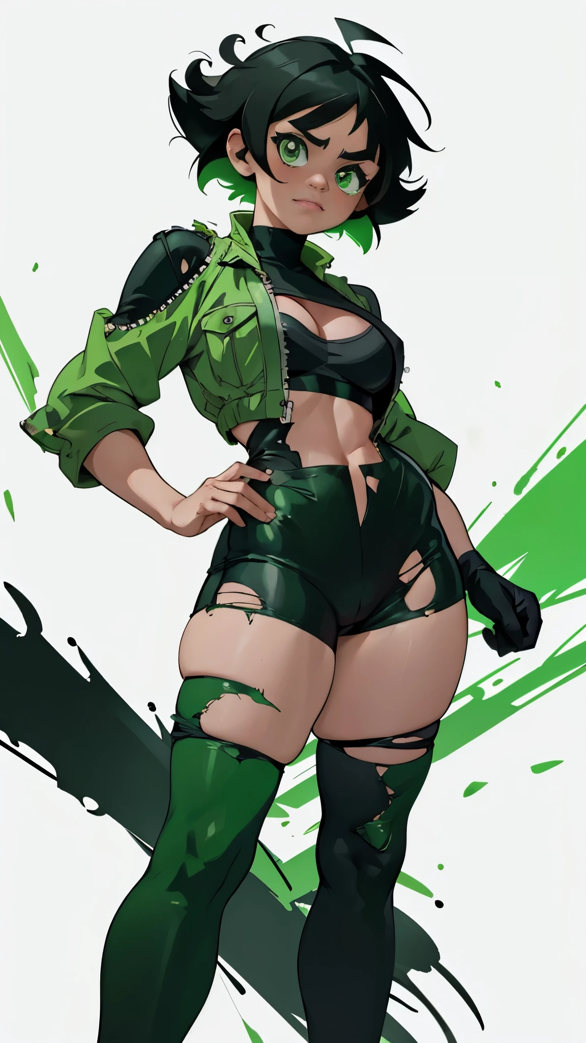 Buttercup from Powerpuff Girls as a Violent Mature Themed Action Anime, bloody battle damage and wear, revealing Damaged and Ripped clothes, curvy, green and black outfit