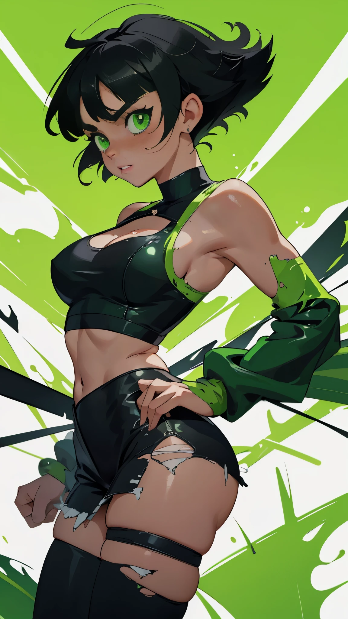 Buttercup from Powerpuff Girls as a Violent Mature Themed Action Anime, bloody battle damage and wear, revealing Damaged and Ripped clothes, curvy, green and black outfit