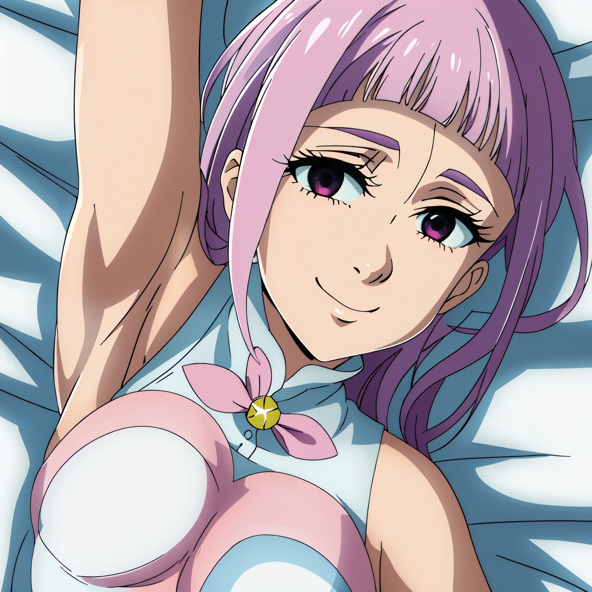 masterpiece, absurdres, hdr, soft light, best quality, detailed, highres, 1girl, solo, melascula, empty eyes, long_hair, pink_hair, purple_hair, blunt bangs, leotard, shiny skin, shiny hair, in the center, arm up, (from above:1.5), armpit, (armpit into viewer's face:1.5), (looking at viewer:1.5), (eye contact with viewer:1.5), smile, closed mouth, lying on bed, lying on back, (detailed armpit)