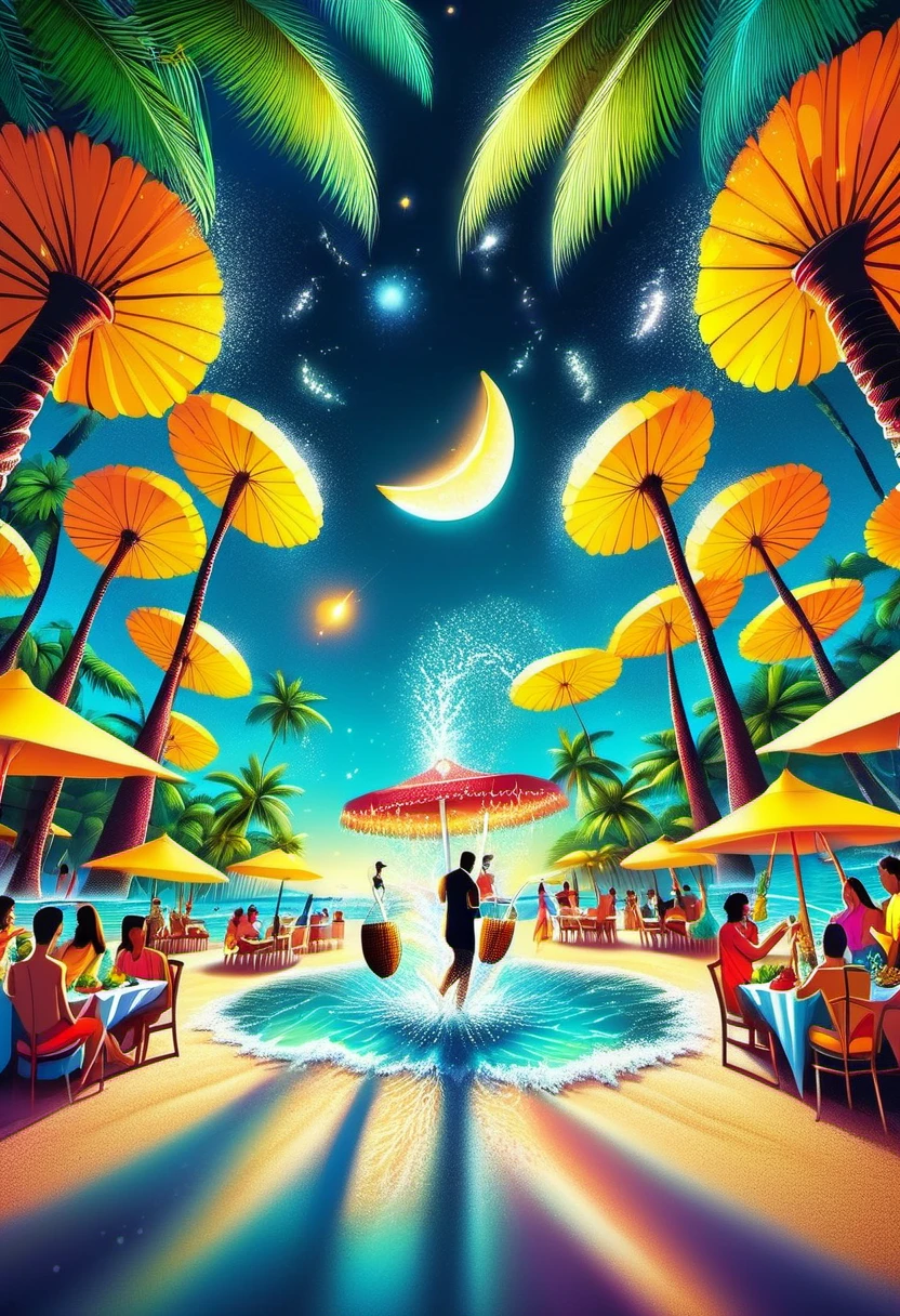 night beach party. bright colors, Detailed and intricate beach , people playing with water splashing.wave beach.coconut tree..Relaxing and happy atmosphere. Ray tracing, Vignetting, Wide-angle lens, super wide angle, best qualitycinematic lighting, depth of field, outside border, negative space, l,(best quality,4k,8k,high resolution,masterpiece:1.2),Super detailed,(actual,photoactual,photo-actual:1.37),anatomically correct...In the foreground there is champagne on the banquet table.wine glass.fruits and desserts.best composition.