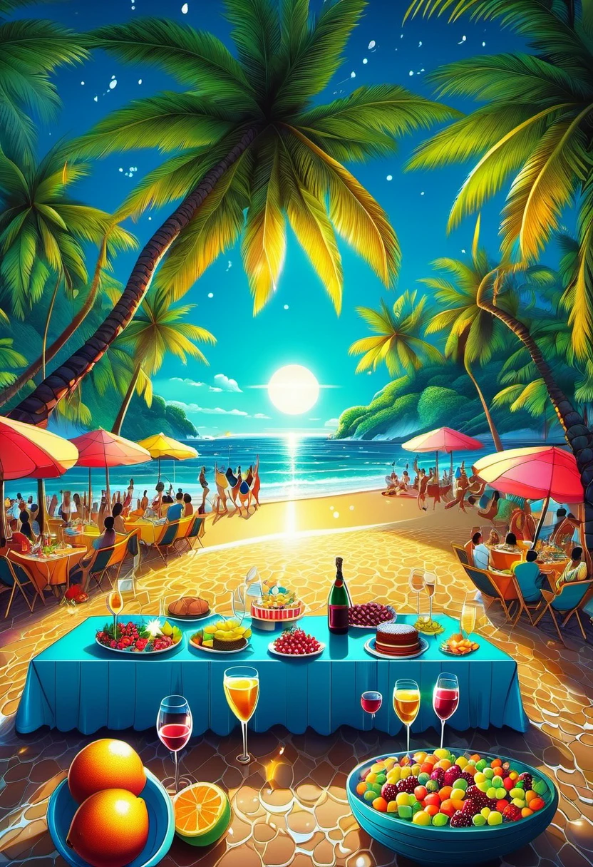 night beach party. bright colors, Detailed and intricate beach , people playing with water splashing.wave beach.coconut tree..Relaxing and happy atmosphere. Ray tracing, Vignetting, Wide-angle lens, super wide angle, best qualitycinematic lighting, depth of field, outside border, negative space, l,(best quality,4k,8k,high resolution,masterpiece:1.2),Super detailed,(actual,photoactual,photo-actual:1.37),anatomically correct...In the foreground there is champagne on the banquet table.wine glass.fruits and desserts.best composition.