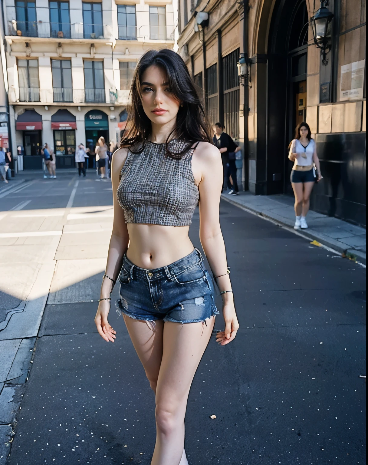 fullbody, standing stunning Alessia Bianchi, 20 year old italian woman, black hair, blue eyes, (((She wears a crop top, denim shorts))) and (( shoes)), walking in the middle of Brescia, via Cremona, piazzale Arnaldo, background. Perfect details, daylights. (cinematic lights), best on adobe stock, very accurate photo, natural skin, heavy shadows Kodak promo 400, f1.2, ISO200, dramatic lights