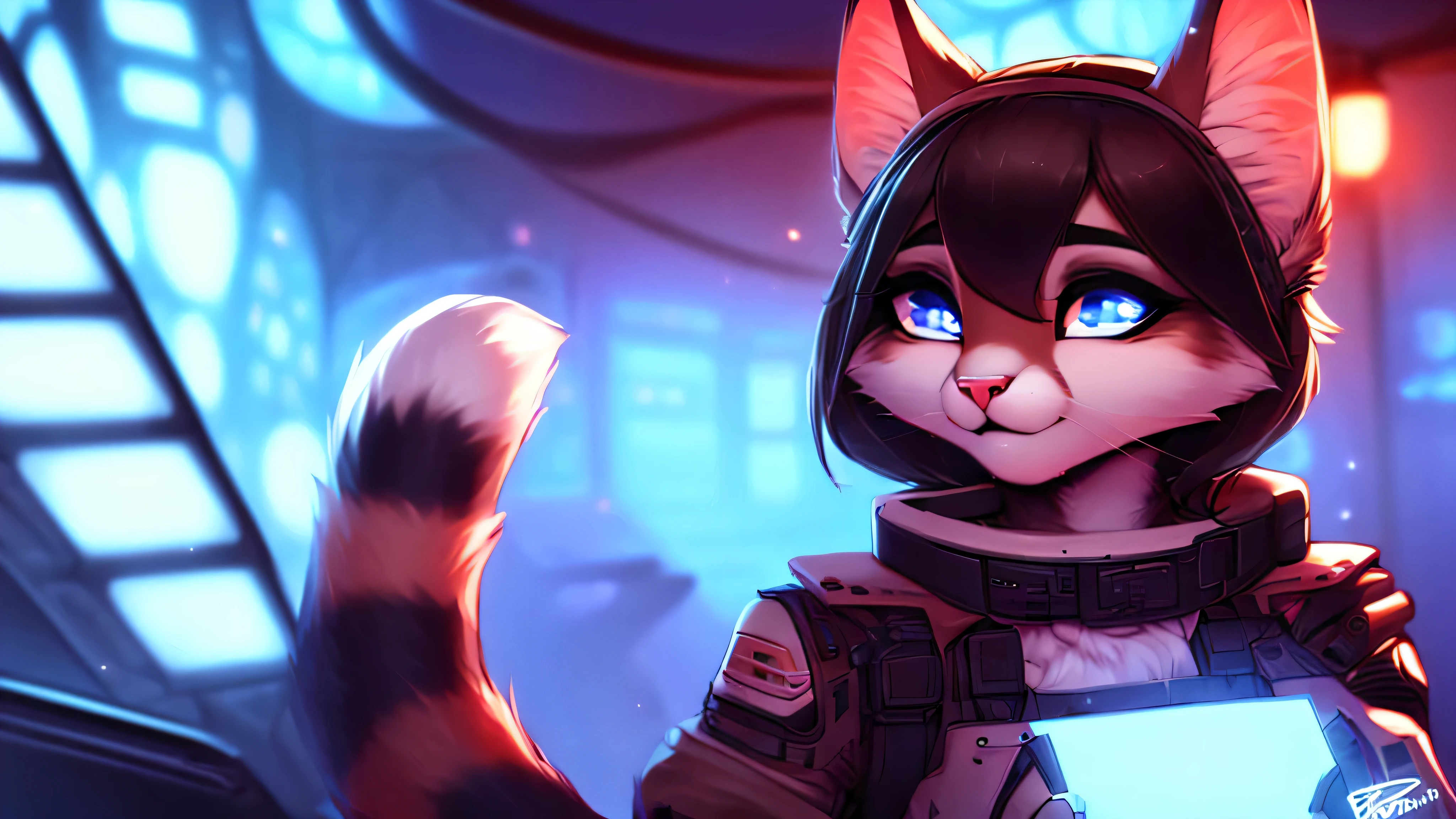 Cyberpunk cat casual outfit cute face, furry ears, medium bushy tail, Beautiful light and shadow bust, Highest quality fine lines and refined facial features, Good ambient light, superfine fur、Volumetric light is very detailed,Best quality furry art glow jacket