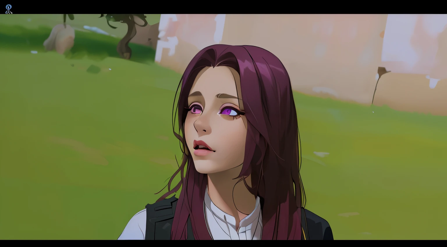 linda chica de cabello morado ojos morados le habla a alguien