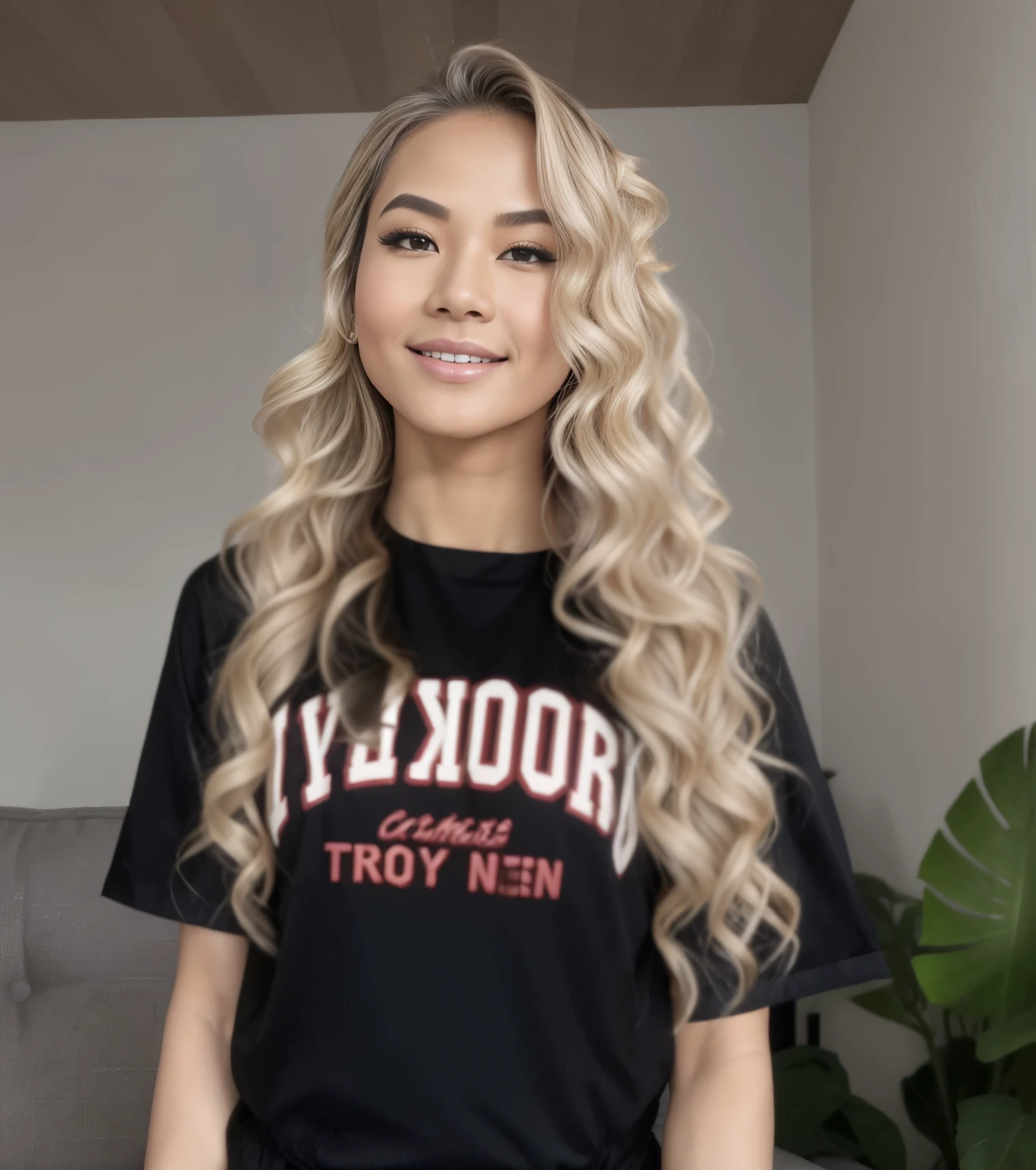 Young Thai woman, Fit physique, fitness physique, portant de la lingerie noire sexy, watch on the canapé, les jambes ouvertes, corps sexy, (8K), (best quality), (chef-d&#39;artwork:1.3), (realistic), (Photorealistic:1.34), ultra-detailed, [Beautiful detailed eyes], (sourire), (sourire), (beautiful detailed nose), [cheveux blonds très longs], (haut court), lingerie noire, (superbes seins taille normale), (gros plan), profondeur de champ, full body view, sitting on the sofa, legs spread, montrant l&#39;entrejambe, pieds en l'air
