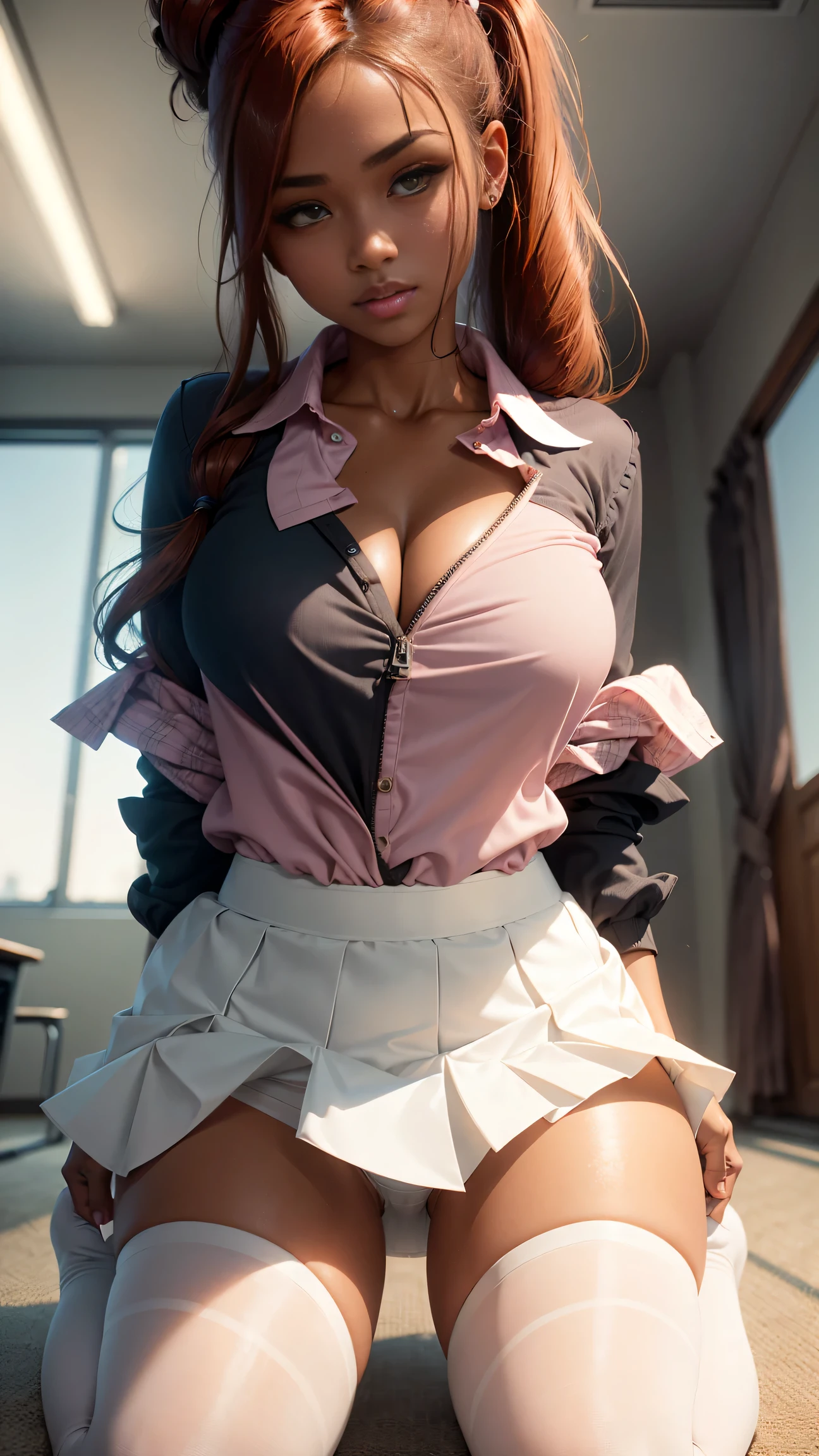 1girl, masterpiece, high resolution, extreme detail, nvidia rtx, 8k, hdr, beautiful 18 year old with dark skin on her knees, kneeling down, legs spread apart, thighs spread apart, auburn hair , hair in huge twin ponytail, cheeks blushing, very dark lipstick, dark skin, sweater:1.0, ((blouse:1.5)), ((unbuttoned:1.5)), ((unzipped:1.0)), bra:1.0, ((pink :1.0)), scarf, ((mini skirt:1.2)), ((white tights:1.2)), large breastsage:1.0, classroom, sunlight, sunbeams, volumetric lighting, subsurface scattering, 3/4 long s cowboy shot, shot from below, low angle shot, sexy pose, seductive pose