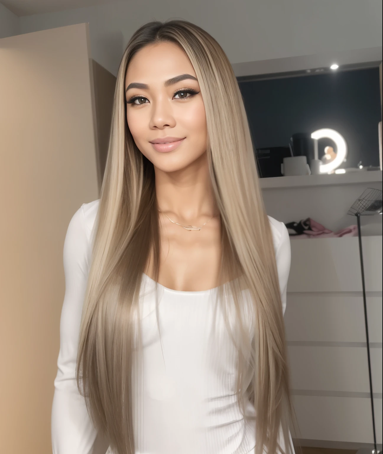 Young Thai woman, Fit physique, fitness physique, portant de la lingerie noire sexy, watch on the canapé, les jambes ouvertes, corps sexy, (8K), (best quality), (chef-d&#39;artwork:1.3), (realistic), (Photorealistic:1.34), ultra-detailed, [Beautiful detailed eyes], (sourire), (sourire), (beautiful detailed nose), [cheveux blonds très longs], (haut court), lingerie noire, (superbes seins taille normale), (gros plan), profondeur de champ, full body view, sitting on the sofa, legs spread, montrant l&#39;entrejambe, pieds en l'air