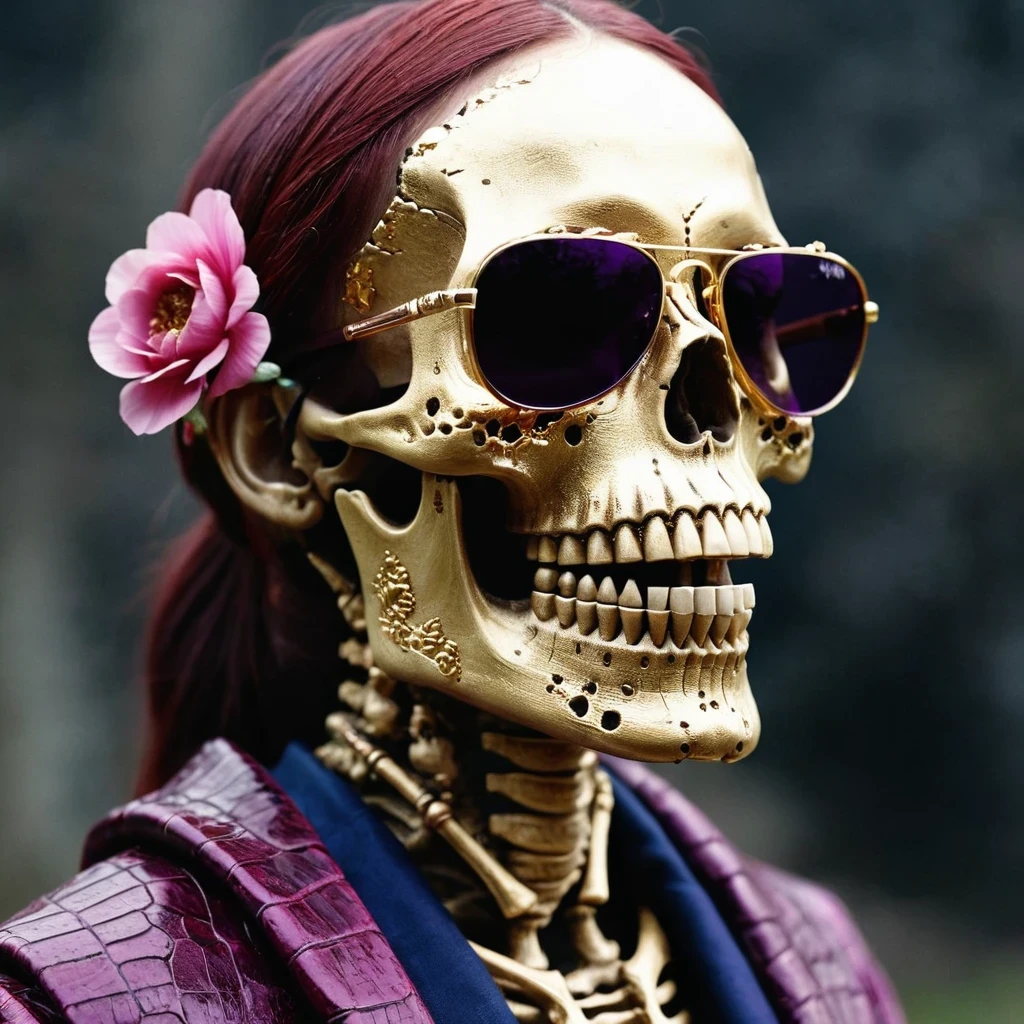 On snowy nights，32k（masterpiece，HD，super high quality，32k）Purple-pink double ponytail，flower stick，Indigo Skull King ，mahogany steering wheel （The skeleton is very realistic：1.4），crocodile print robe，Rusty skull ornaments，Sand gold linen cloak，Petals flying，Deep gold sunglasses，Hold your head high，worthy of pride，looking at people through nostrils，A  and secondaresolution，Xueba， detail， original photo， Sharp Re， Nikon D850 film photo by Jefferies Lee 4 Kodak Portra 400 camera F1.6 guns, rich and colorful, Super real、Vivid texture, dramatic lighting, Unreal Engine Art Station Trend, Silicon Nest 800，Hold your head high，side，worthy of pride，looking at people through nostrils，arrogant，Petals flying，Petals flying，Gold-plated crocodile leather，Fluttering，Impeccable，( Reasonable design, clear lines, HD definition,best quality, Very detailed skeleton, skeleton of masterpiece, official art, Lighting effects, 8K crocodile skeleton（（（Platinum marble sunglasses）））Deep gold sunglasses，sideportrait