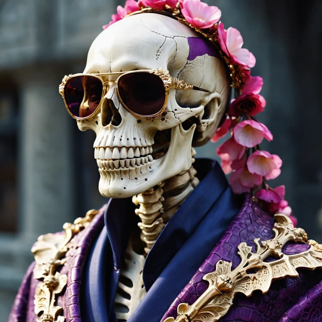On snowy nights，32k（masterpiece，HD，super high quality，32k）Purple-pink double ponytail，flower stick，Indigo Skull King ，mahogany steering wheel （The skeleton is very realistic：1.4），crocodile print robe，Rusty skull ornaments，Sand gold linen cloak，Petals flying，Deep gold sunglasses，Hold your head high，worthy of pride，looking at people through nostrils，A primary and secondary school student， high resolution，Xueba， detail， original photo， Sharp Re， Nikon D850 film photo by Jefferies Lee 4 Kodak Portra 400 camera F1.6 guns, rich and colorful, Super real、Vivid texture, dramatic lighting, Unreal Engine Art Station Trend, Silicon Nest 800，Hold your head high，side，worthy of pride，looking at people through nostrils，arrogant，Petals flying，Petals flying，Gold-plated crocodile leather，Fluttering，Impeccable，( Reasonable design, clear lines, HD definition,best quality, Very detailed skeleton, skeleton of masterpiece, official art, Lighting effects, 8K crocodile skeleton（（（Platinum marble sunglasses）））Deep gold sunglasses，sideportrait