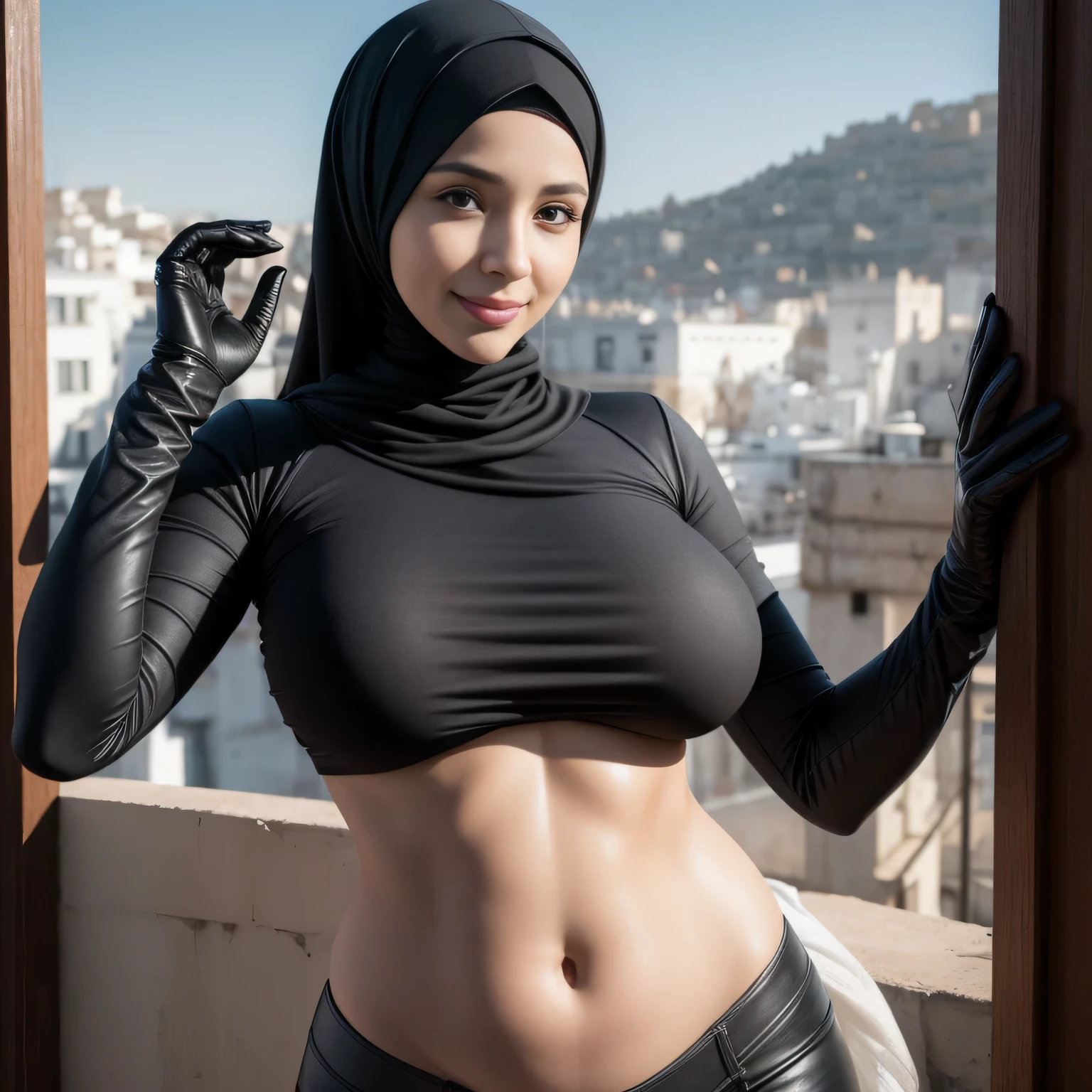 Dee768, wide shot, smile, hijab, big breasts all covered, turtleneck, leather black tshirt and gloves, open belly, Tangier, backyard , detailed eyes, photography, trending on artstation, sharpness, studio photography, intricate details, highly detailed, Tangier in background, by Greg Rutkowski
