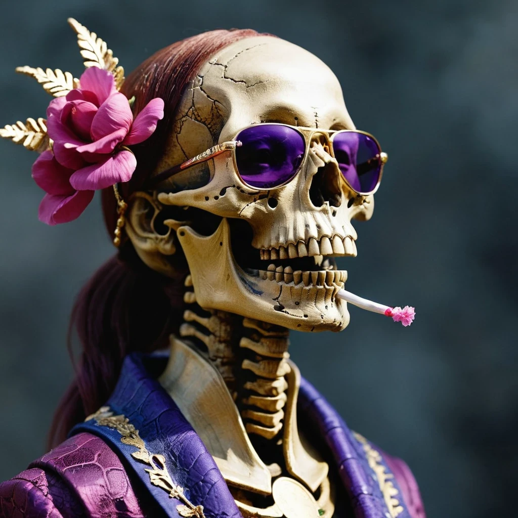 On snowy nights,32k(masterpiece,HD,super high quality,32k)Purple-pink double ponytail,flower stick,Indigo Skull King ,mahogany steering wheel (The skeleton is very realistic:1.4),crocodile print robe,Rusty skull ornaments,Sand gold linen cloak,Petals flying,Deep gold sunglasses,Hold your head high,worthy of pride,looking at people through nostrils,A and secondaresolution,Xueba, detail, original photo, Sharp Re, Nikon D850 film photo by Jefferies Lee 4 Kodak Portra 400 camera F1.6 guns, rich and colorful, Super real、Vivid texture, dramatic lighting, Unreal Engine Art Station Trend, Silicon Nest 800,Hold your head high,side,worthy of pride,looking at people through nostrils,arrogant,Petals flying,Petals flying,Gold-plated crocodile leather,Fluttering,Impeccable,( Reasonable design, clear lines, HD definition,best quality, Very detailed skeleton, skeleton of masterpiece, official art, Lighting effects, 8K crocodile skeleton(((Platinum marble sunglasses)))Deep gold sunglasses,sideportrait