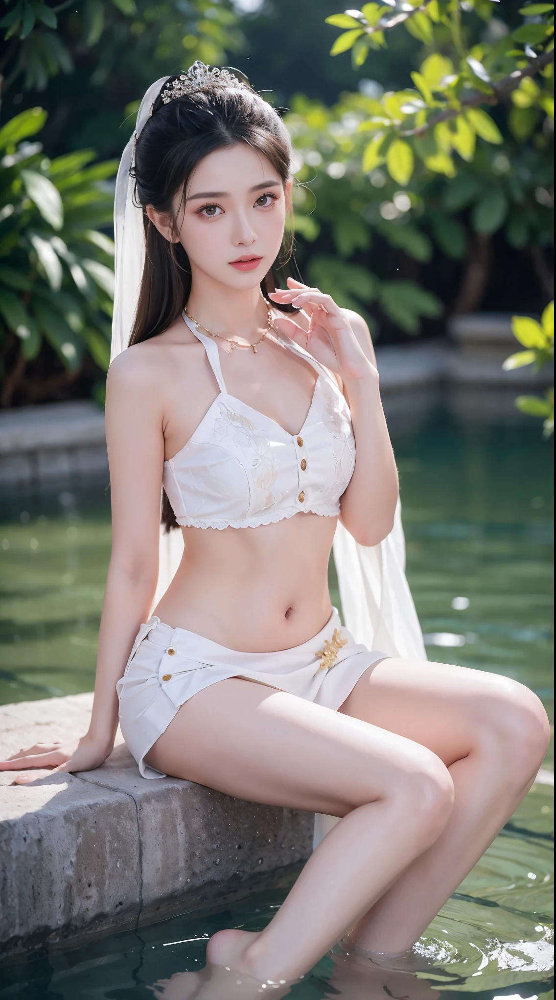 best picture quality，extremely high resolution，Very detailed，stunning girl，sitting in the pool，long eyelashes，big eyes，shining eyes，lying silkworm，plump lips，small nose，a happy expression，Sweet，Exquisite makeup，full-body shot，snow white skin，slim figure，take off shoulders，clavicle，abdomenband，abdomen，abdomen button，Slender white legs，White and tender skin，White embroidered mini skirt，necklace，Showing thighs，lace，Sweet，long hair flying，best quality，masterpiece，full-body shot，facial focus，slim figure，细腰白色abdomenband，imagine，full-body shot
Model: Hanfu, CFG scale: 7, Hire high-end talents: 1.5, Laura: future fashion(0.4)、neon(0.4)、martial arts(0.8)、Asian Face Girls-2(0.4)、poetic fairy tale(0.01)