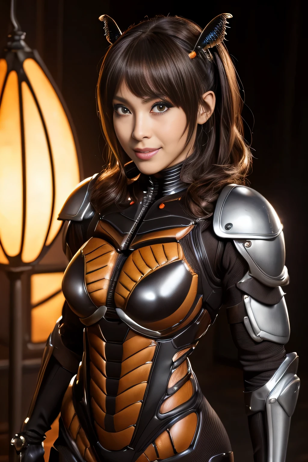 (High resolution,masterpiece,highest quality,Very detailed CG, anime, official art:1.4), realistic, photograph, amazing detail, everything is complicated, shiny and glossy,Amazing number of layers, 8K wallpaper, 3D, sketch, cute, figure,( alone:1.4), perfect female proportions,villain's daughter, (Fusion of dark brown cockroach and lady:1.4), (brown cockroach woman:1.2), (brown cockroach woman:1.2), (Fusion:1.2), (alone:1.4), (evil smile:1.2), muscular, abs, (Cockroach brown exoskeleton bio insect suit:1.4), (Cockroach brown exoskeleton bio insect armor:1.2), (brown transparent cockroach feathers:1.4), (Antennae of brown cockroaches:1.3),