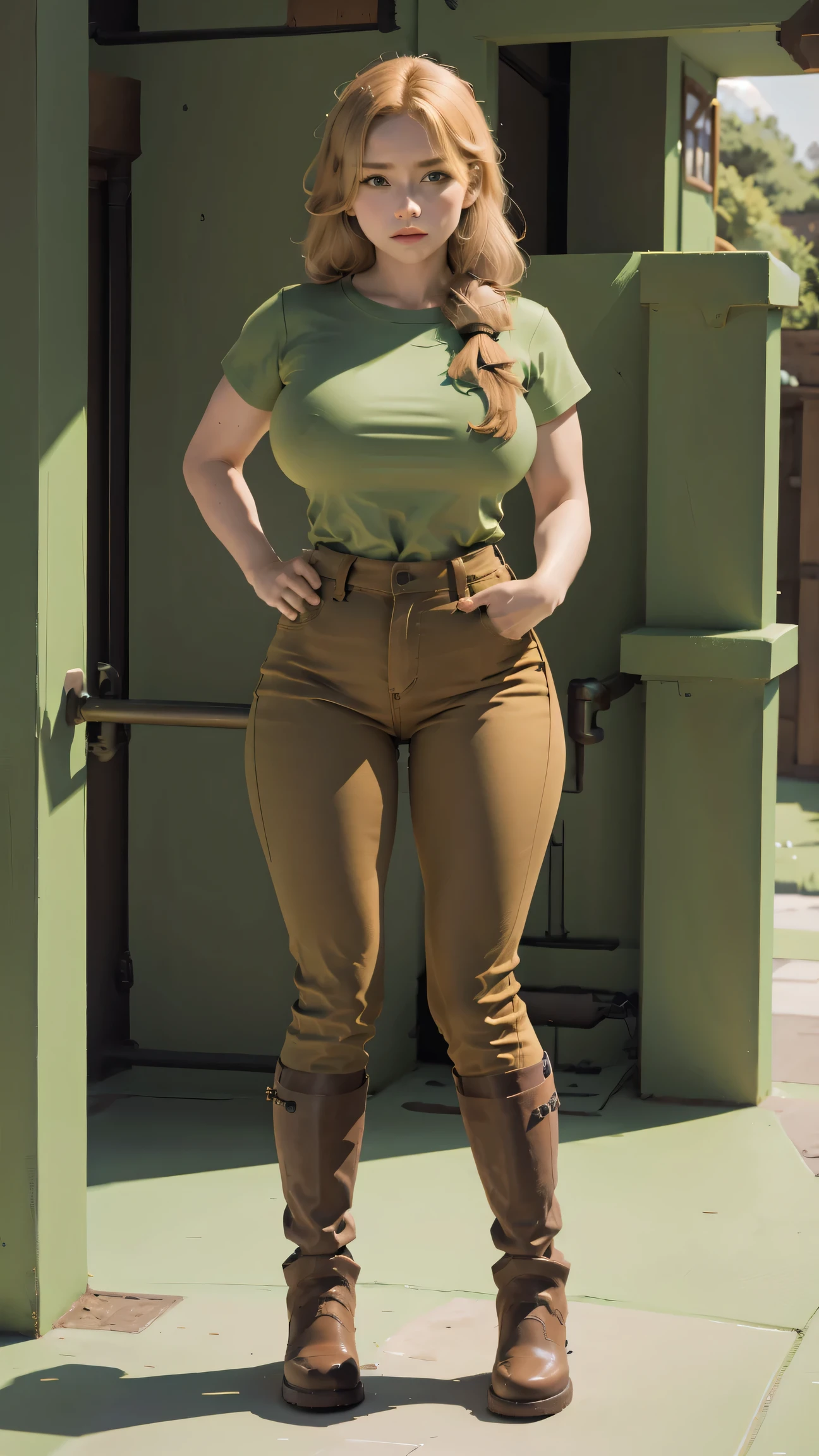 1 girl, alex minecraft, green shirt, brown pants, gray boots, full body, sitting, adult, huge breasts