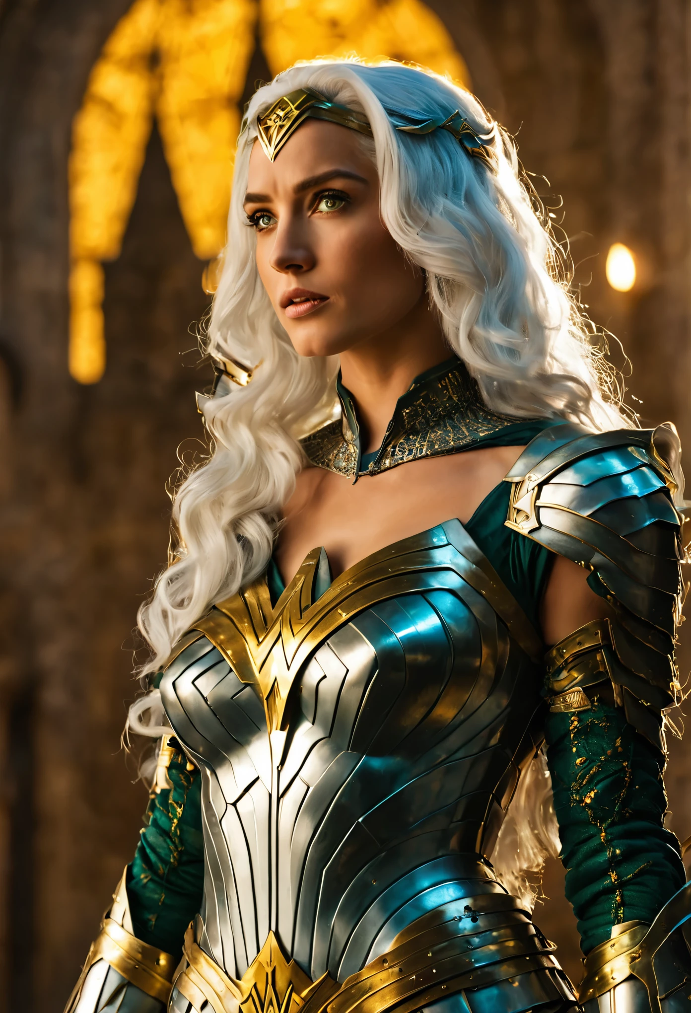 Wonder Woman with green pupils, long bluish white hair, confident expression, wearing beautiful silver armor with golden patterns all over the armor, exuding a dark yellow glow, In the background, a medieval castle