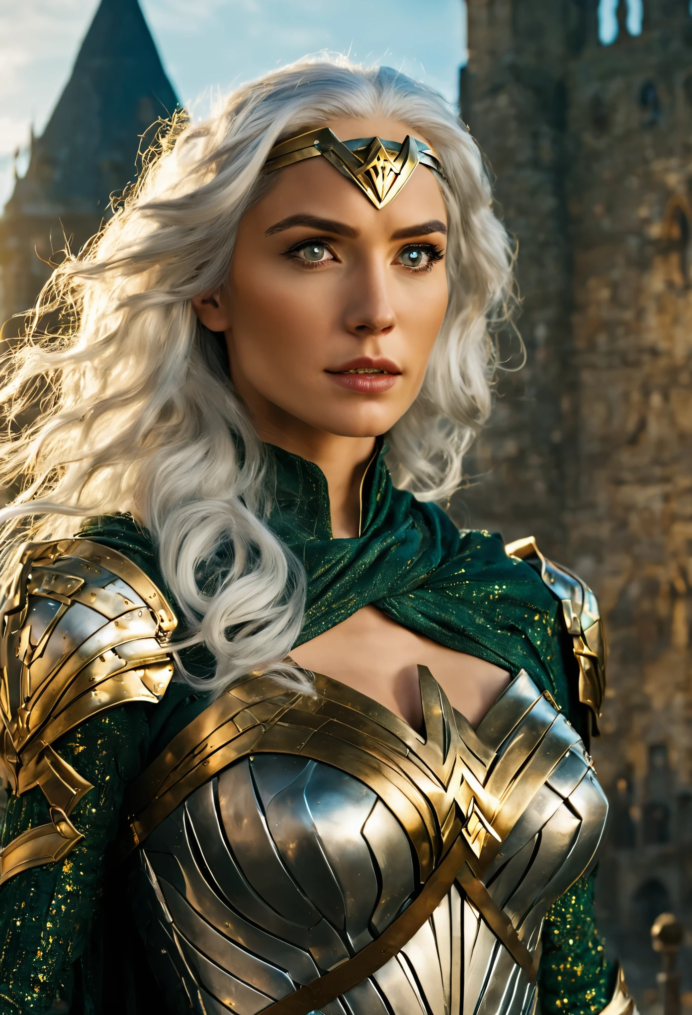 Wonder Woman with green pupils, long bluish white hair, confident expression, wearing beautiful silver armor with golden patterns all over the armor, exuding a dark yellow glow, In the background, a medieval castle