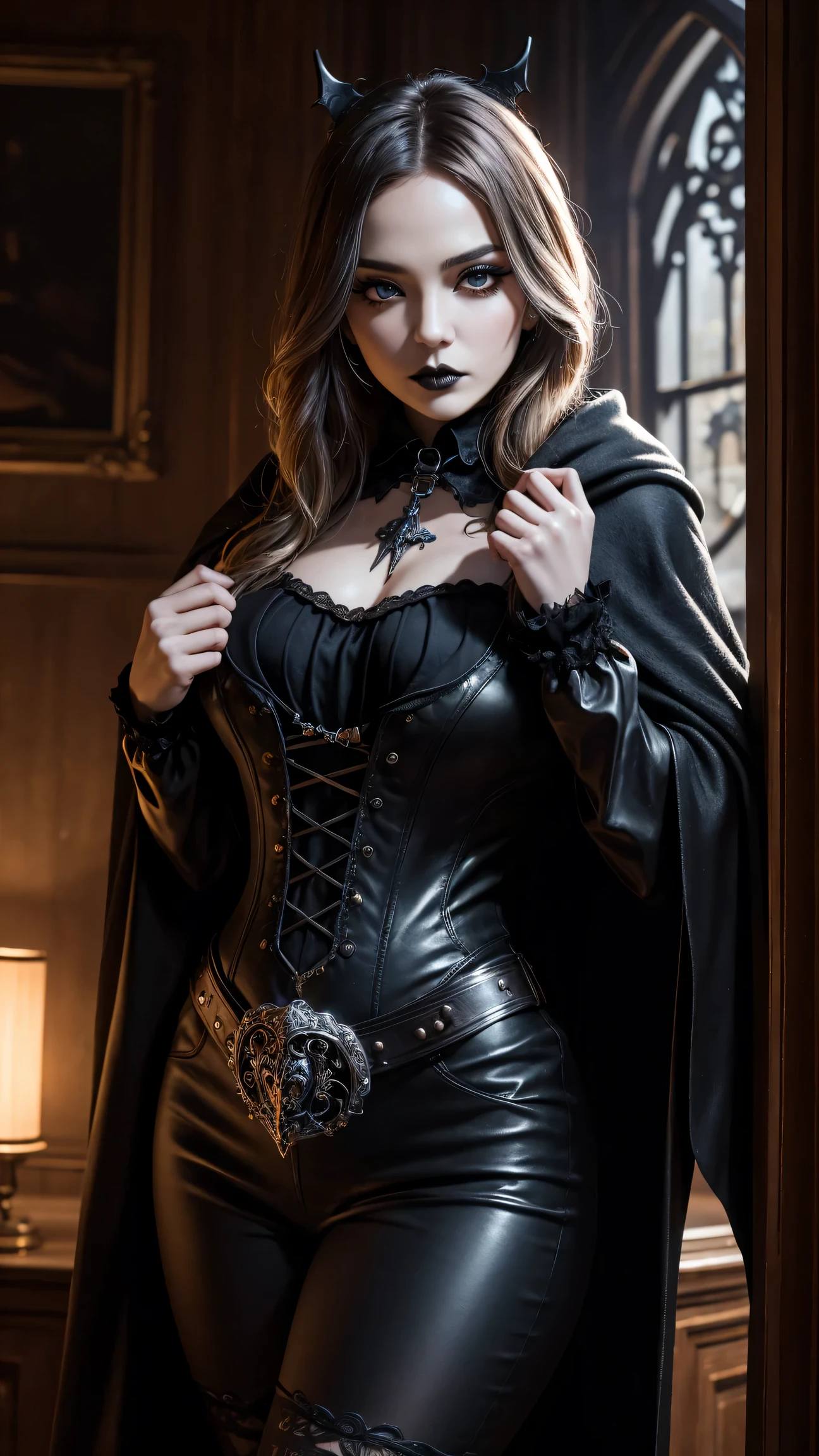 Beautiful 20 year old woman, large tits, with short messy wavy red hair, wearing a red corset with black accents and black cloak, standing in a foggy cemetery at night, (red lipstick:1.5), realistic skin texture, (cross necklace:1.2), (looking at camera:1.3), (in 1950s Black and White Sci Fi Movie Style and Gothic Art:1.4), photo realistic, 8k
