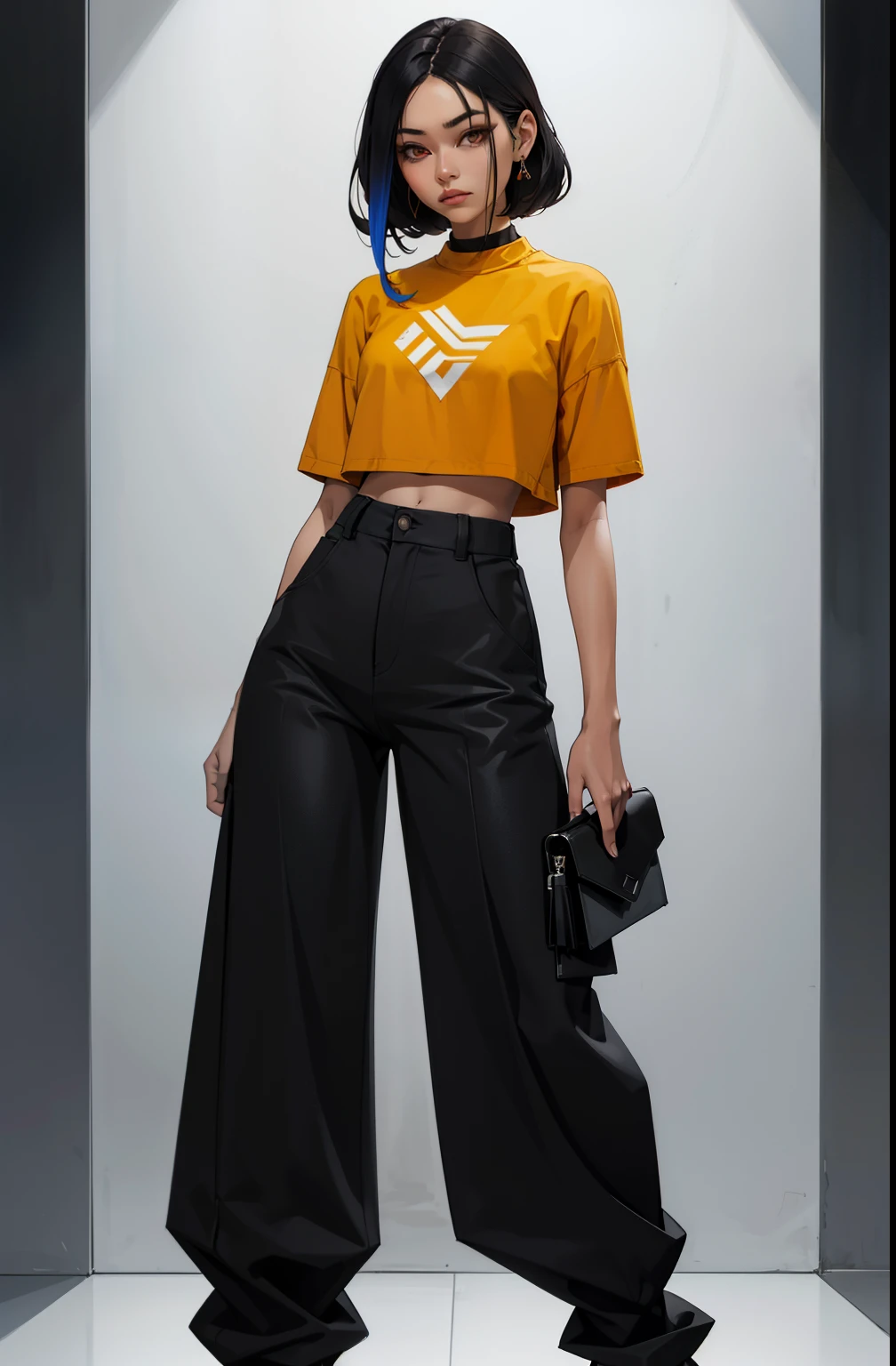 Asian bad woman, bad, hair, no make-up eyes, topete, mascara, Lips are soft or colored, fundo preto simples, minimalismo, monotonous, paletas de cores vivas, limpo, Crisp drawings, silhuetas fluidas, Streetwear pants, asymmetric, geometric, Designs diferentes, silhuetas simples, estilo de rua, moda urbana, fundo liso, simple lighting, moda moda urbana, Folha de modelo