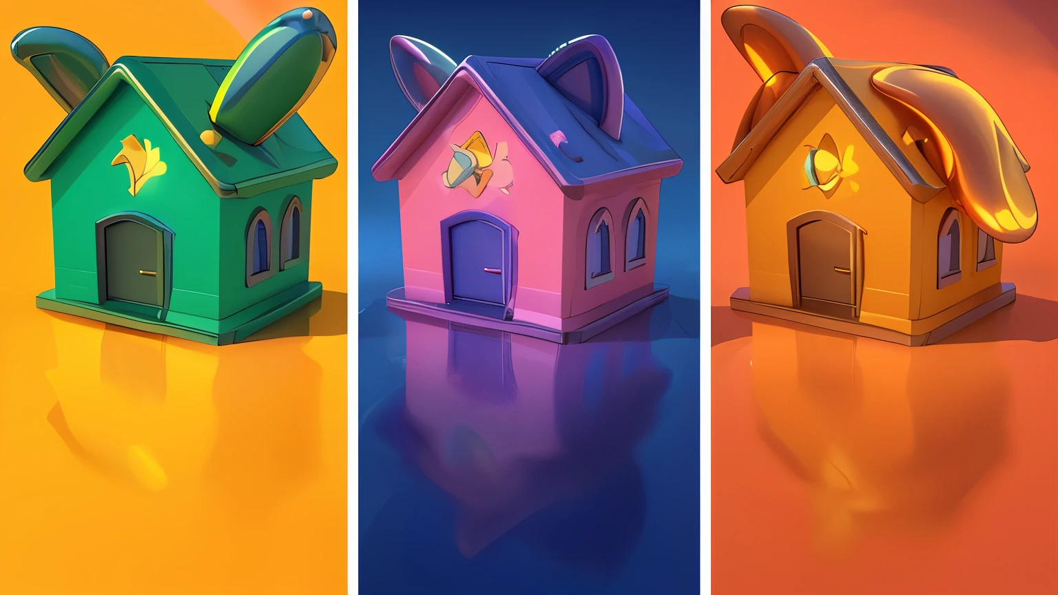 three different colored houses with a moon and a crescent on the roof, cinema 4d colorful render, colorful house, rendered in cinema4d, rendered in cinema 4 d, 3 d icon for mobile game, 3 d render stylized, stylized 3d render, colorful warcraft architecture, stylized as a 3d render, 3 d renders. 3D icon for mobile game, Isometric 3d fantasy sweet home, stylized 3D rendering, 3D rendering stylized, stylized digital illustration, fantastic house, stylized 3d render, cute 3D rendering, Game icon stylized, Особняк Vaporwave, 3 d stylize scene. glossy texture, smooth 3d model, multiple light sources, rim light, sharp post effects render, (glossy metallic texture with multiple big light probe refractions), perfect cgi, cgi art created only with gradients, smooth silhouette, high intensity refraction, (super glossy chrome material), most beautiful vfx, blue background, chrome metal refractions