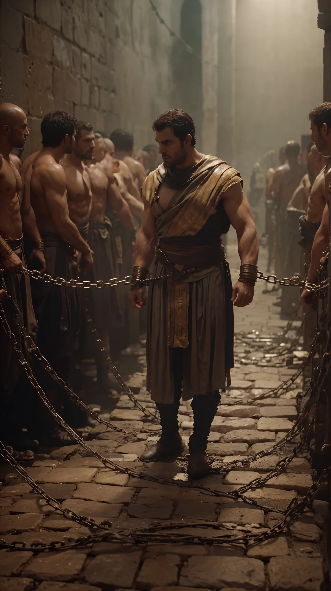 arafed man in a roman costume standing in a prison, in screenshot from the 300 movie, the the man is wrapped in chains, henry cavill as a greek god, 8 k movie still, henry cavill is a greek god, 300 the movie, inspired by Exekias, leading spartans into battle, film still from god of war