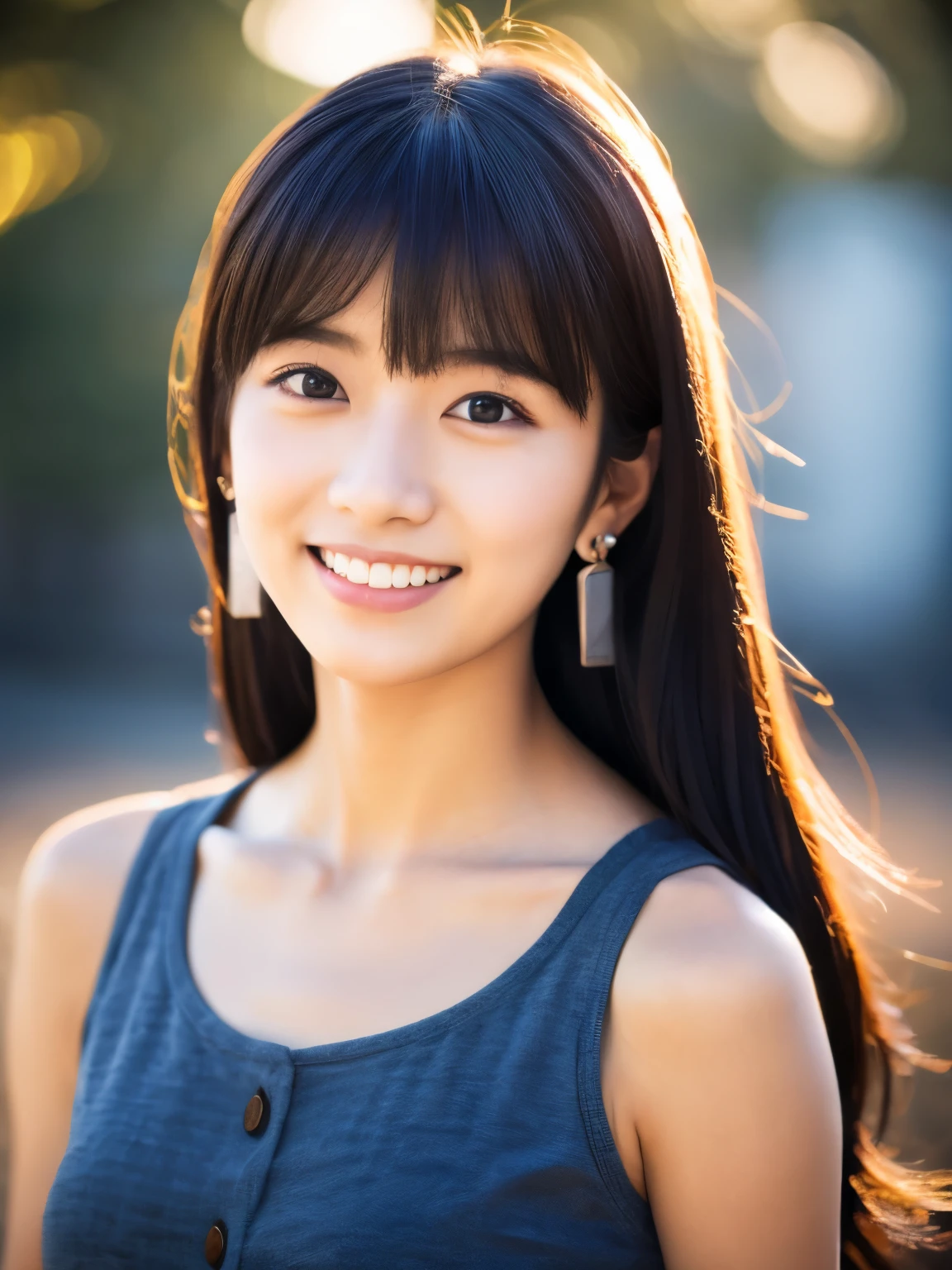 Japanese lady, 20 years old, casual outfit, long black hair, colored inner hair, empty eyes, earrings, smile, depth of field, cinematic lighting, Canon, f/1.2, cowboy shot, UHD, masterpiece, anatomically correct, textured skin, super detail, high quality, 8k, HD