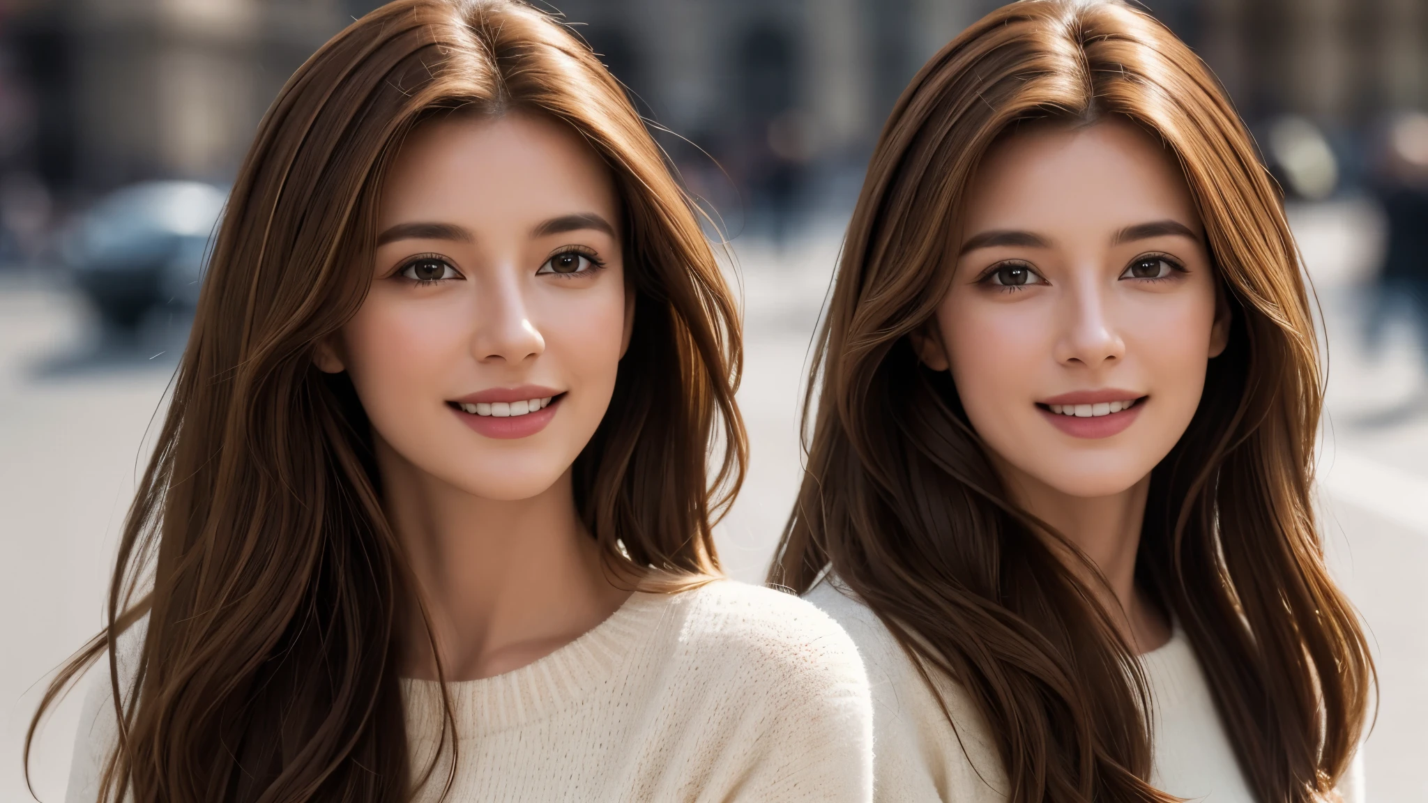 masterpiece, Best Quality, Photorealistic, Ultra-detailed, finely detailed, High resolution, 8K Wallpaper, 1 beautiful woman, light brown hair, sharp focus, Perfect dynamic composition, Beautiful detailed eyes, detailed hairs, Detailed realistic skin texture, Smiling, portrait, Model body type, Take a walk on the street of London,