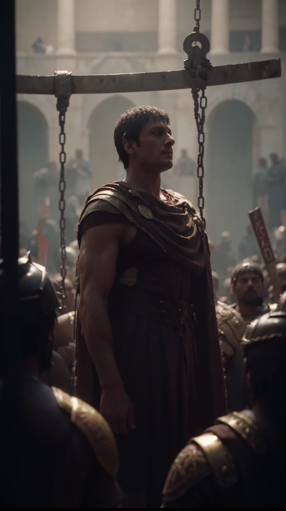 a close up of a man in a roman costume standing in a crowd, in screenshot from the 300 movie, caesar, brutus, gladiator, 3 0 0, caesar victorious, karl urban as a dragonslayer, 1 0 0 ad, roman centurion, 300 the movie, julius caesar, inspired by Pogus Caesar, dressed in roman clothes