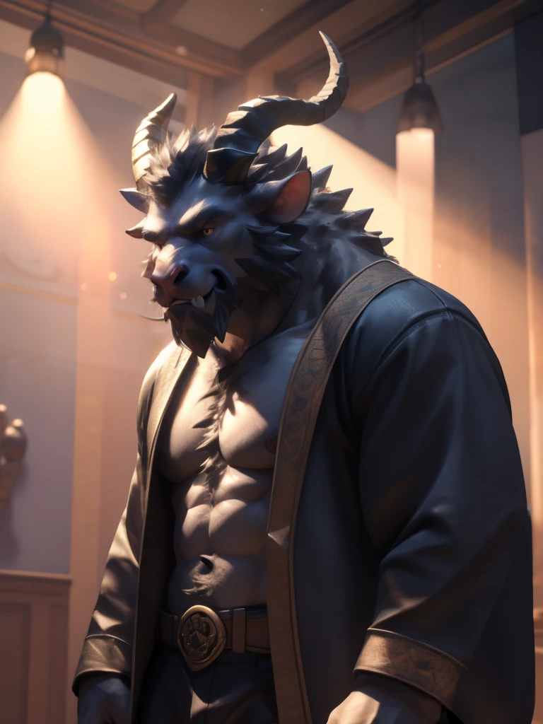 Create a symbol with the acronym DAGS. The symbol is a muscular, full-body Krampus figure, idling in a standing pose, with a pleasured expression on his delicate face and intricate, high-detail eyes. The scene is set in a bright, realistic room with a lens flare, utilizing Unreal Engine for the highest quality 3D render. The Krampus figure, trending on ArtStation, is a masterpiece of realism, with perfect anatomy and an expressive, masculine demeanor. The detailed body is adorned with delicate fur and a beefy, muscular build. The symbol brings a dramatic sense of realism, with a dash of
