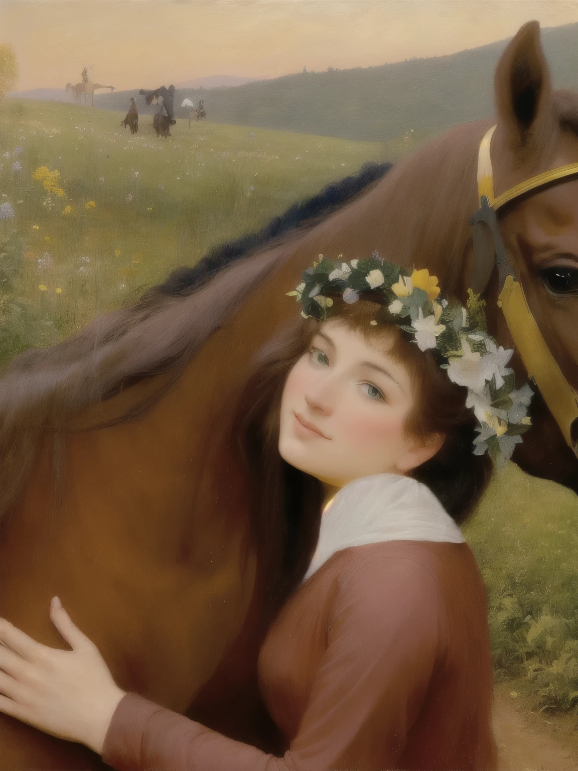 Next to the horse stands a woman with a flower crown on her head, BoJack Rider in real life, hrushevka on background, based on Arthur Hughes, In the style of Hans Thom, Horse in the background, horse-driven, inspired by William-Adolphe Bouguereau, based on Joachim Patinir, on horses