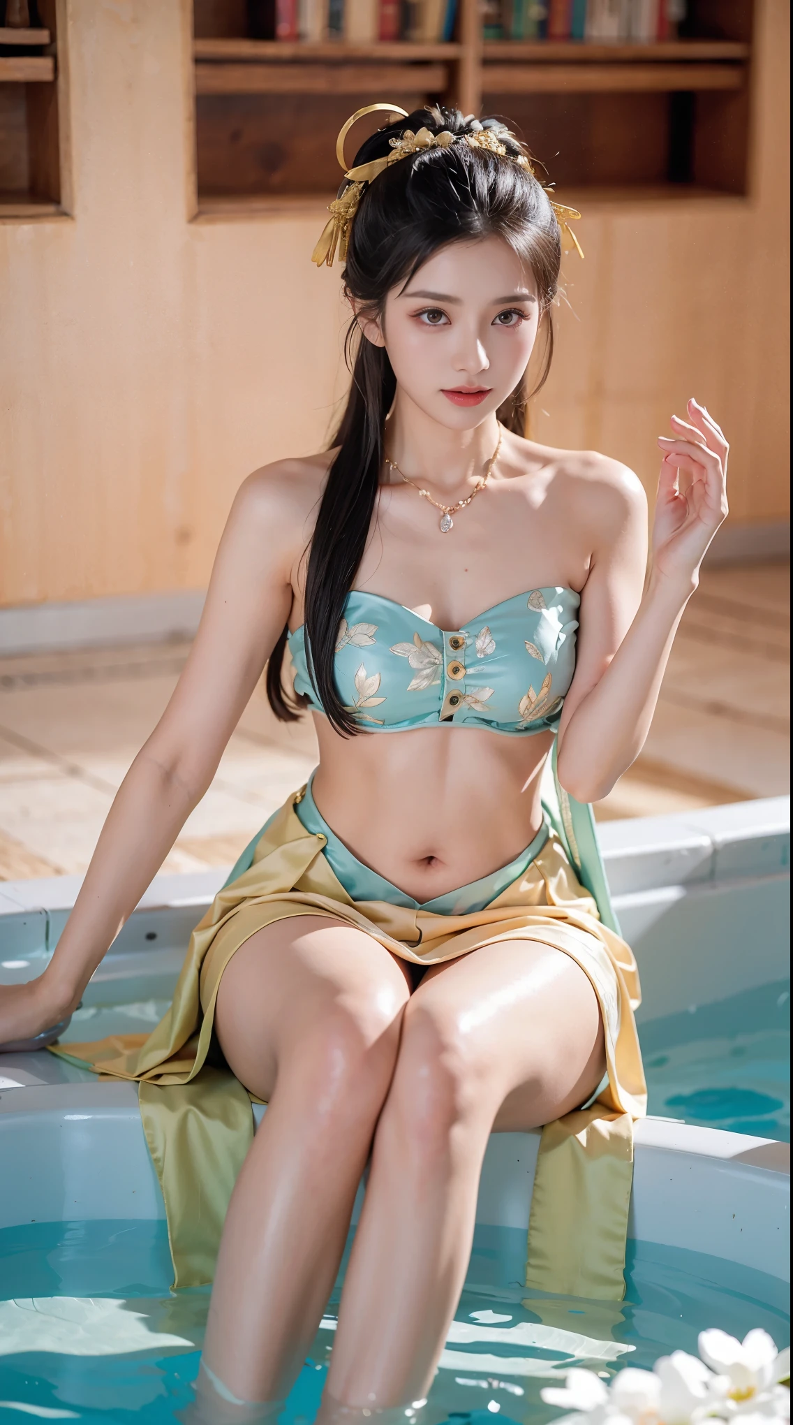 best picture quality，extremely high resolution，Very detailed，stunning girl，sitting in the pool，long eyelashes，big eyes，shining eyes，lying silkworm，plump lips，small nose，a happy expression，Sweet，Exquisite makeup，full-body shot，snow white skin，slim figure，take off shoulders，clavicle，abdomenband，abdomen，abdomen button，Slender white legs，White and tender skin，White embroidered mini skirt，necklace，Showing thighs，lace，Sweet，long hair flying，best quality，masterpiece，full-body shot，facial focus，slim figure，细腰白色abdomenband，imagine，full-body shot
Model: Hanfu, CFG scale: 7, Hire high-end talents: 1.5, Laura: future fashion(0.4)、neon(0.4)、martial arts(0.8)、Asian Face Girls-2(0.4)、poetic fairy tale(0.01)