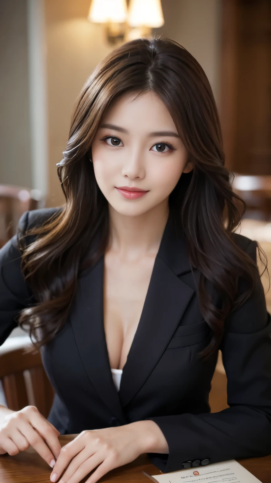 table top, highest quality, realistic, Super detailed, finely, High resolution, 8k wallpaper, 1 beautiful woman,, light brown messy hair, wearing a business suit, sharp focus, perfect dynamic composition, beautiful and detailed eyes, thin hair, Detailed realistic skin texture, smile, close-up portrait, model body shape、cowboy shot