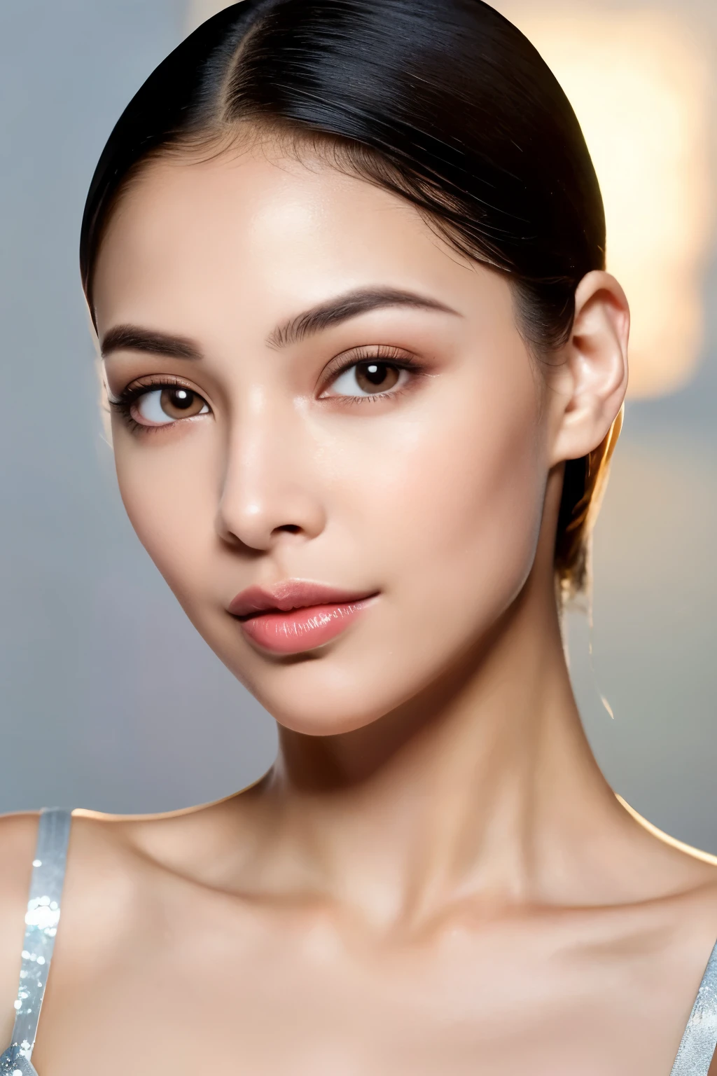 Photorealistic woman, detailed short messy black hair, full body shot, Detailed skin, detailed body, muscular, solo, , huge breasts, thick thighs, wide hips, muscular arms, large bulging veins on body, veins, muscle vein, split abs, thick thighs, blue eyes, Natural Skin Texture, skin detail, shiny skin, shiny glossy skin, WET skin, wet body, glossy skin, oily skin, Mediterranean tan, high contrast, realistic skin, skin pores, intricate detail, high contrast, realistic skin, skin pores, intricate detail, raw photo, mature female, glossy lips, luscious lips, pretty nose, lifelike rendering, immersive atmosphere, chiaroscuro, moody lighting, perfect female body, realistic skin, skin pores, at an expensive private swimming pool in Brazil