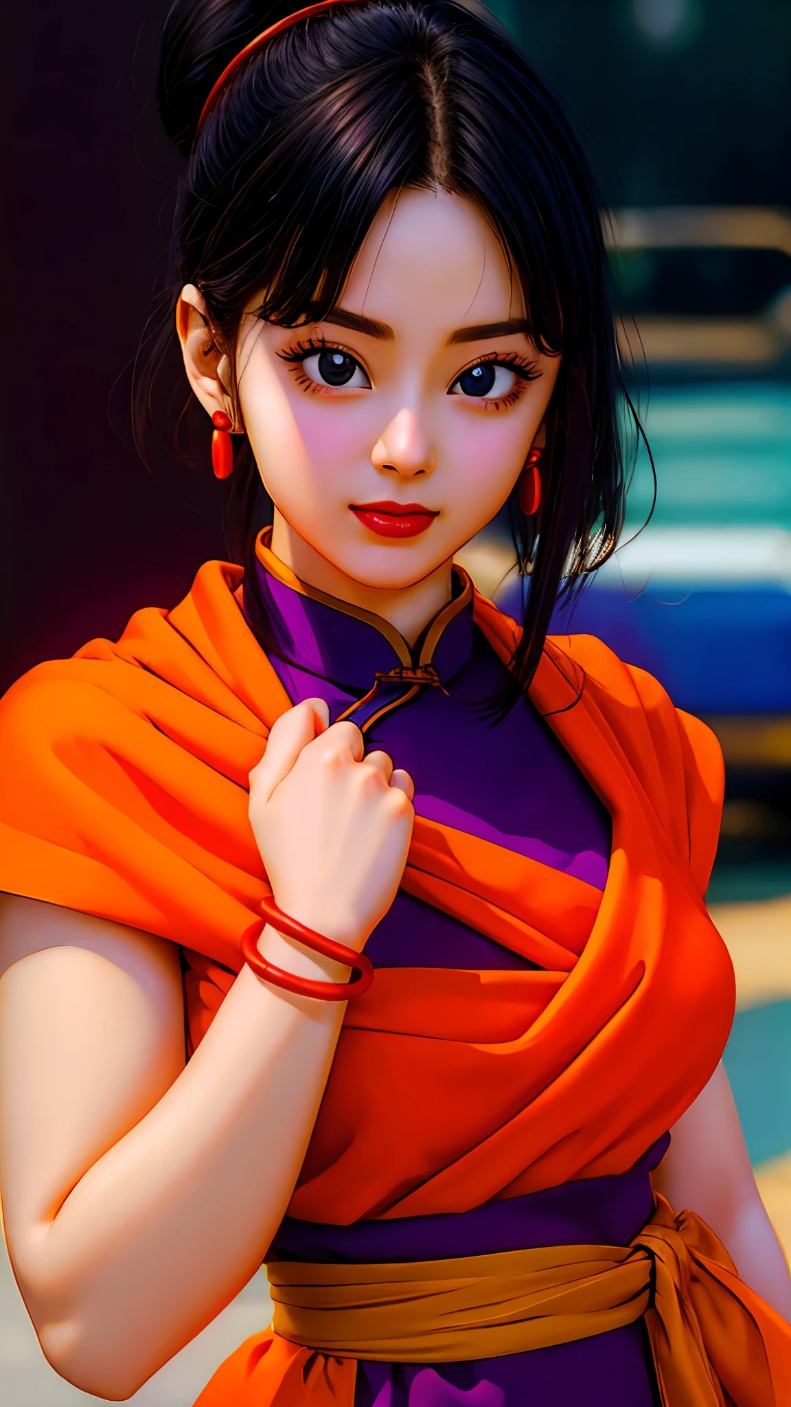 masterpiece, best quality, highest quality, photorealistic, perfect anatomy, perfect face, perfect eyes,
dbzch1ch1, sidelocks, bangs, single hair bun, hair bun, (black eyes), orange pashmina wrap, red sphere earrings , red wristbands, purple cheongsam, sexy  pose