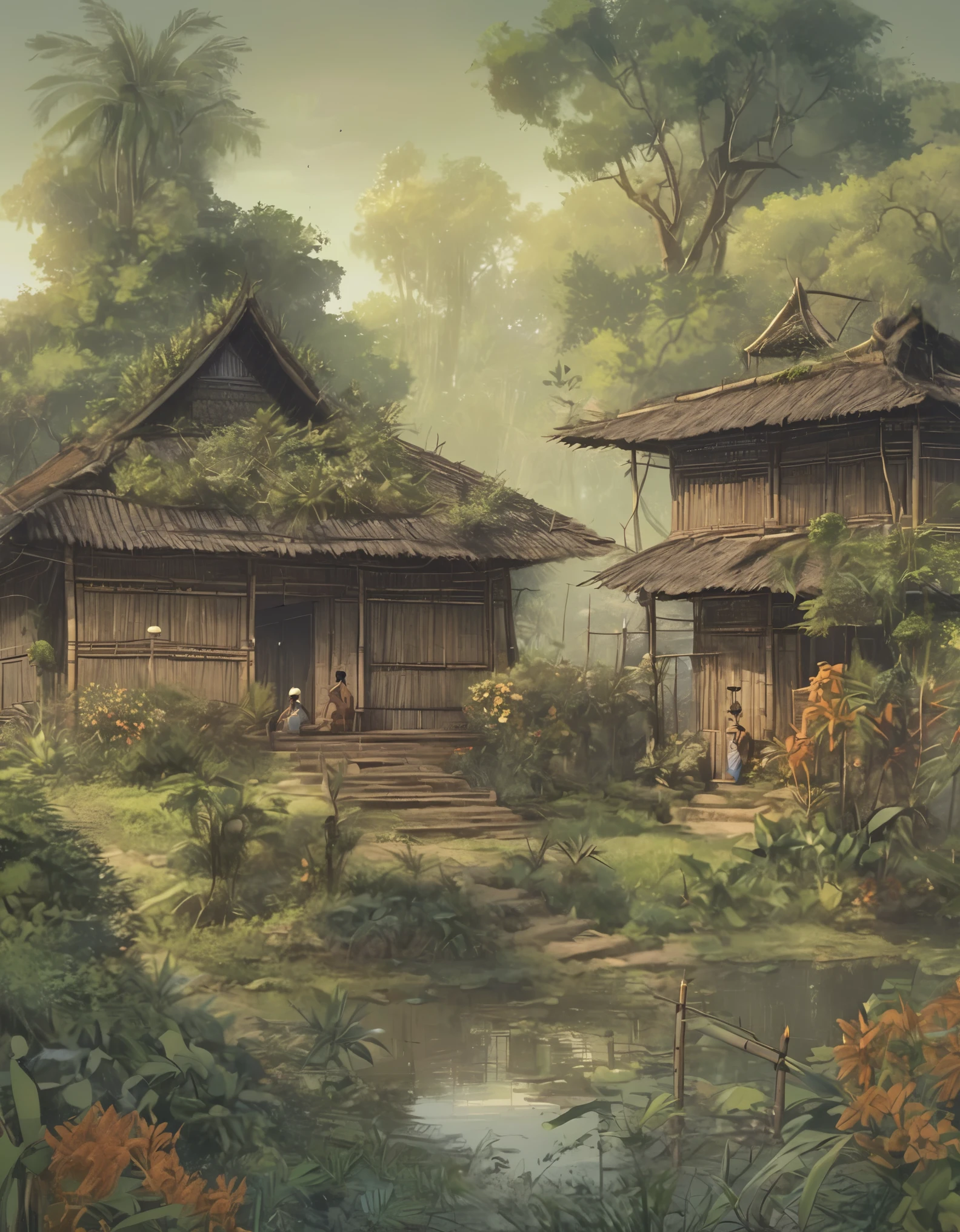An ancient Indonesian village in 1677, located on the edge of the forest, with many large, towering trees, bamboo trees growing thickly, thick bushes, natural atmosphere, cool, dusk approaching evening, lighting using torches, houses made of wooden blocks, thatched roofs, dirt roads, vegetable and fruit gardens stretch around the house, the house fence is made of bamboo 1556, era of the Majapahit kingdom, eye angel, wide shoot camera, hyper-realistic, HD, original photo, 4K, ultra-realistic