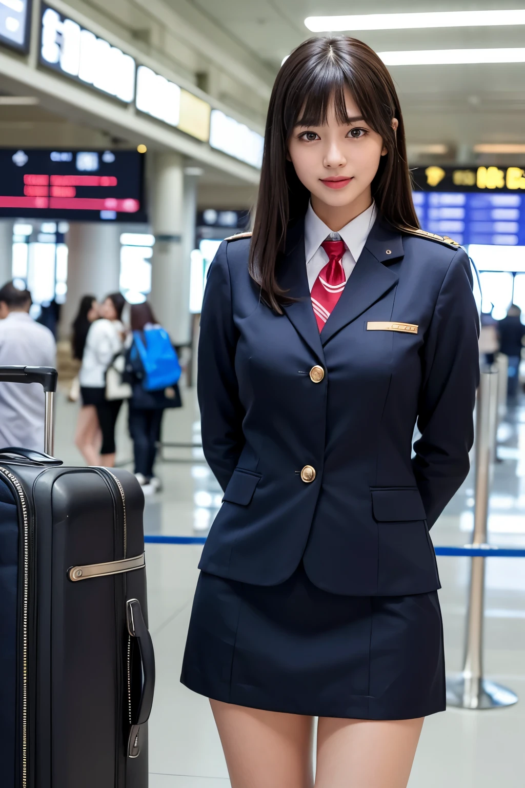 highest quality, masterpiece, 8k, ultra high resolution, (realistic: 1.4), 1 girl, beautiful face, symmetrical eyes, big, perfect body proportions, ((Bangs Patsun))、stewardess uniform, the gaze of the beholder, (Inside the airport: 1.2), Front view, Absolute area (1.3),friendly smile